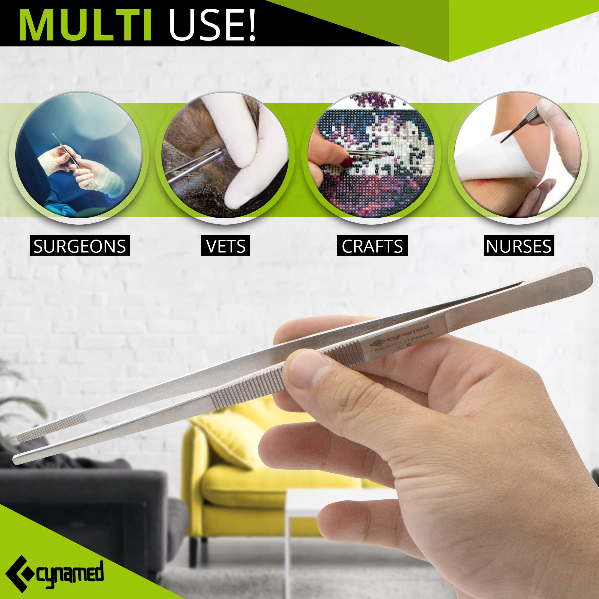 Cynamed Set of 5 Thumb Tweezer Multipurpose Forceps 5-12in. Blunt Serrated Tips Stainless Steel