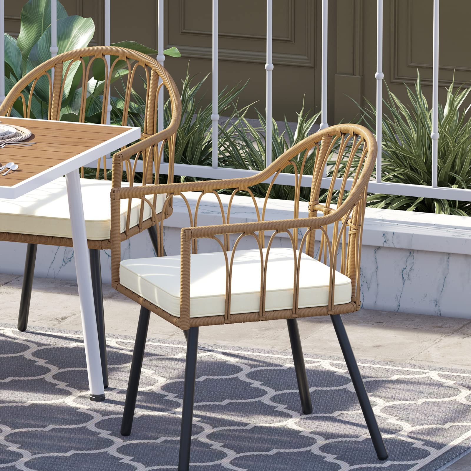 YITAHOME Rattan Outdoor Dining Chairs Set of 4 with Curved Back & Cushions Wicker Bistro Chairs with Armrest Woven Rattan Chair All-Weather Wicker Patio Dining Chair for Outdoor/Indoor, Beige