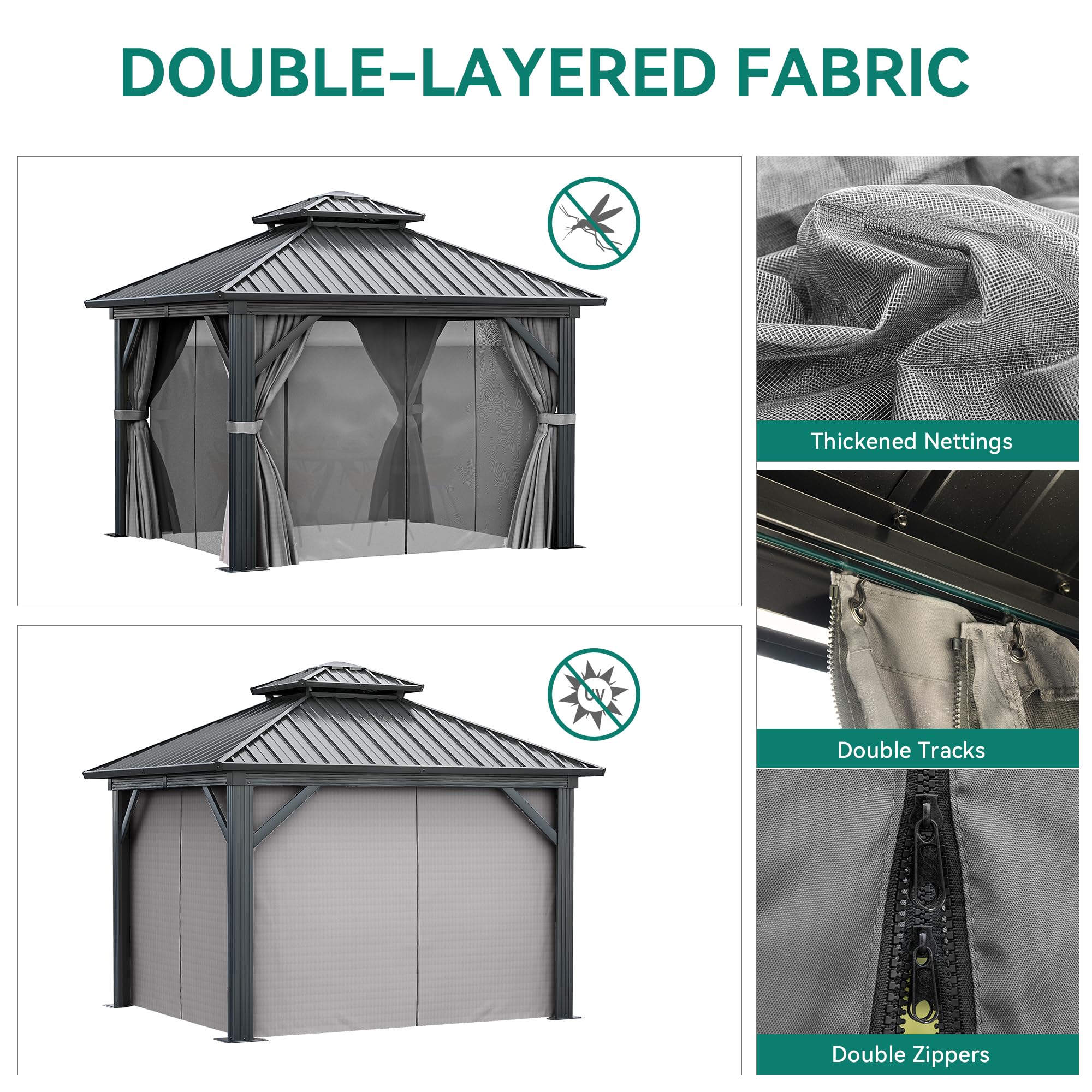 YITAHOME 10X10FT Hard Top Metal Gazebo Patios Double Roof Canopy Aluminum Frame Garden Gazebo Tent Curtains Netting for Patios Backyards Decks Lawns Gray