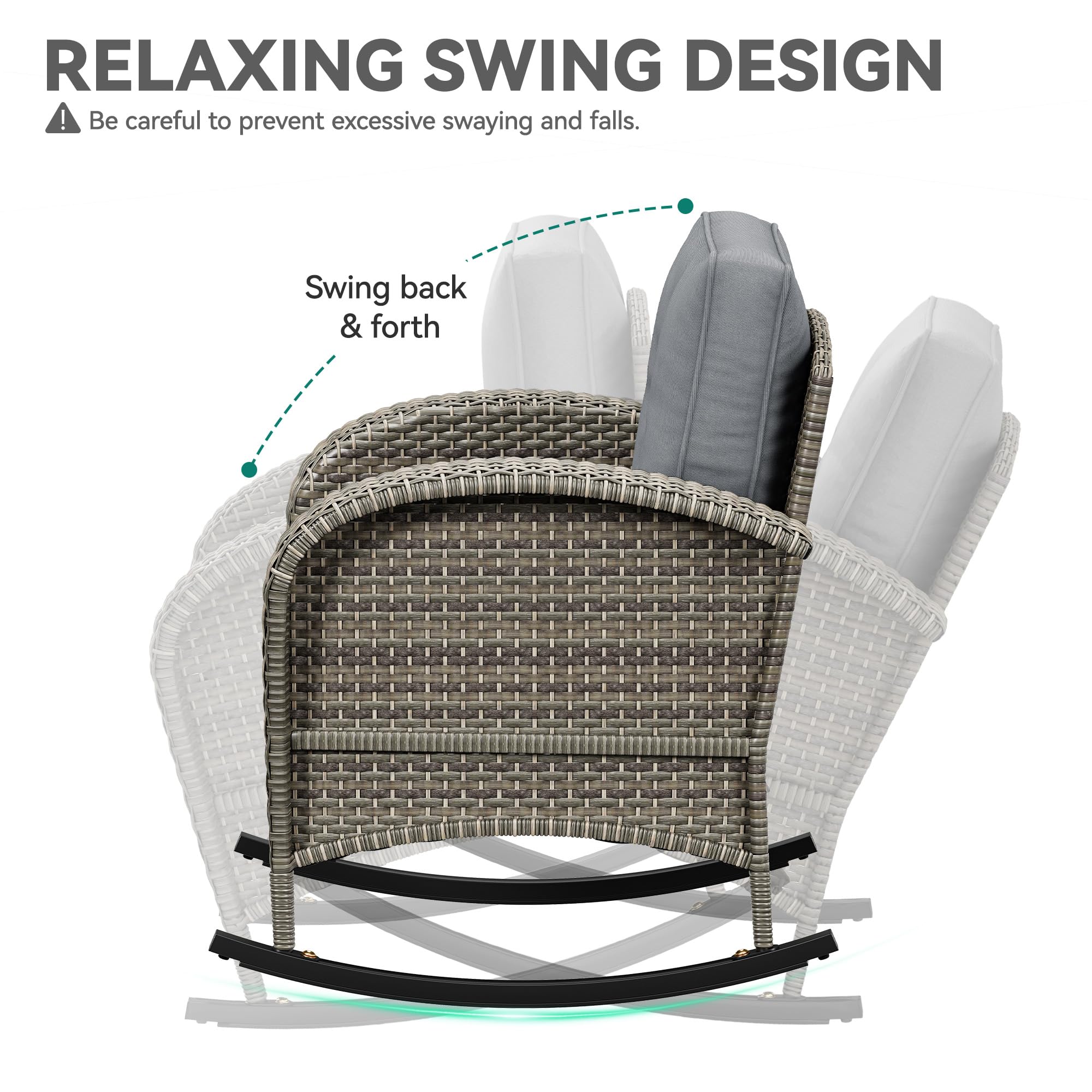 YITAHOME 3-Piece Wicker Rocking Chair Set, Outdoor Patio Furniture Set with Plush Cushions, PE Rattan Bistro Set Including Side Table, Perfect for Garden, Backyard, Porch, and Patio Use, Grey