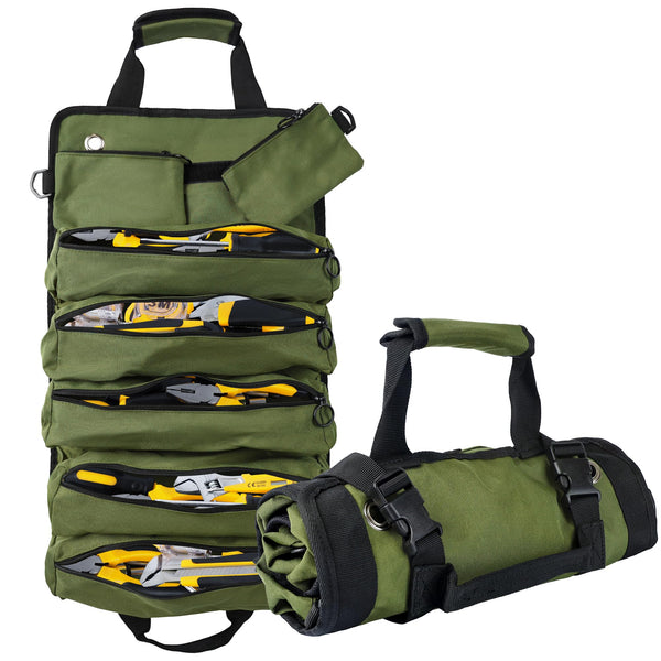 Portable Foldable Roll-Up Waterproof Tool Bag Organizer with 5 Compartments & 2 Detachable Pouches, Heavy-Duty Tool Pouch Bag, Dad Men Electrician Mechanic Gifts (Army green)