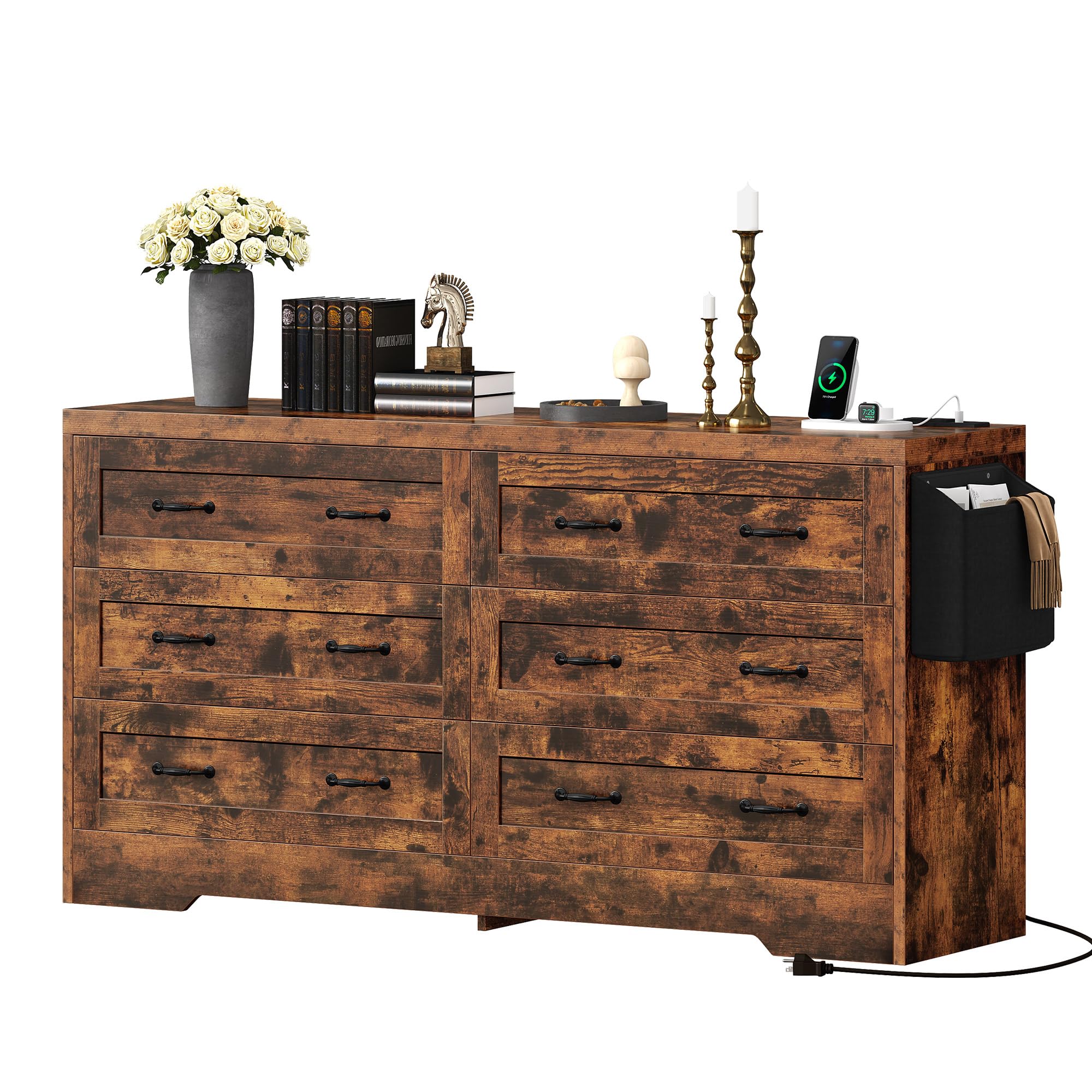 DWVO Farmhouse 6 Drawer Dresser for Bedroom, 31.5 Inch Tall Modern Dresser TV Stand with Large Drawers & Bar Handles, Storage Dressers with Power Outlets, Rustic Wood Chest of Drawers, Rustic Brown