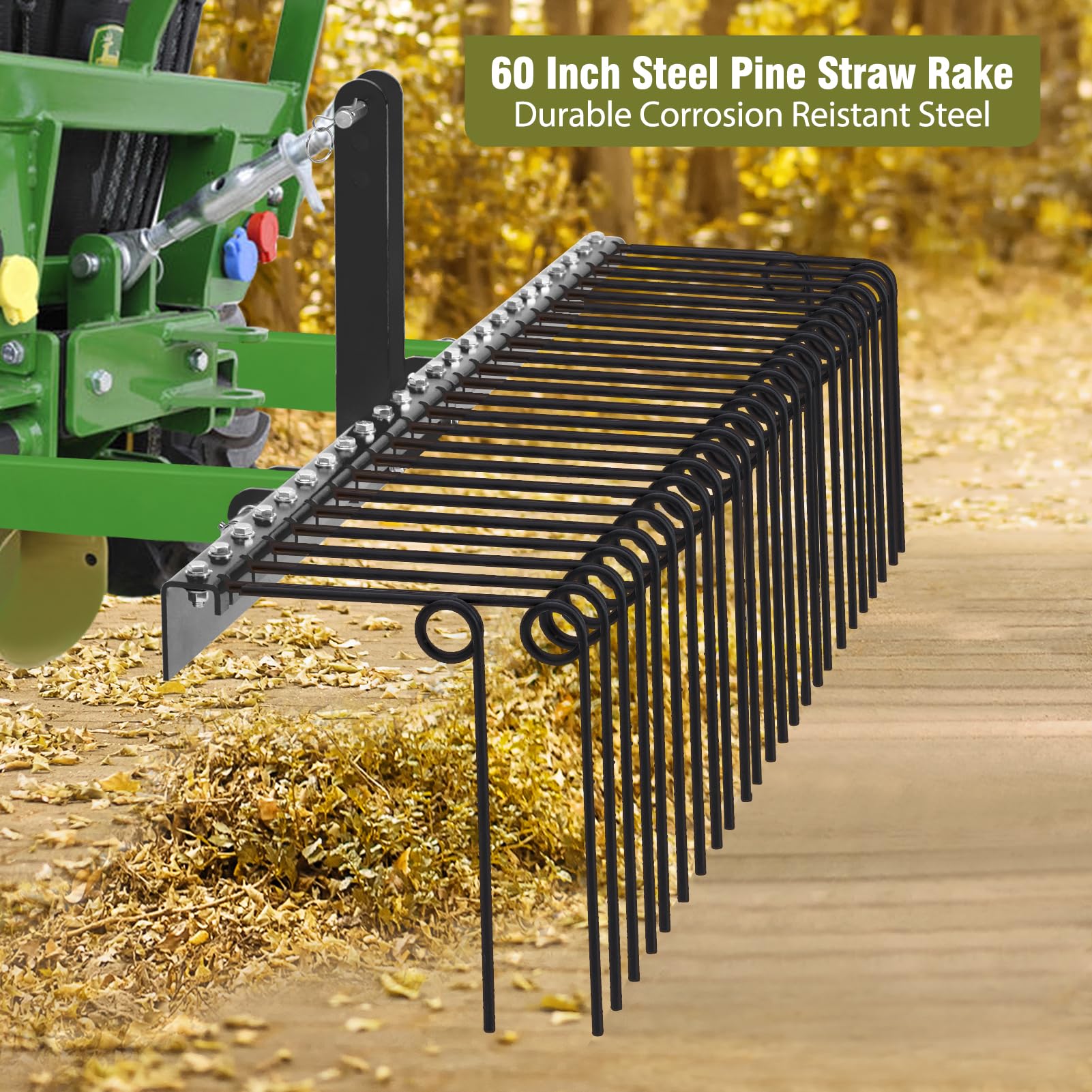 GAOMON 60 Inch Pine Straw Rake, 26 Coil Spring Tines Durable Powder Coated Steel Tow Behind Landscape Rake with 3 Point Hitch Receiver Attachment Fit to Cat0 Cat 1 Tractors for Leaves Grass, Black