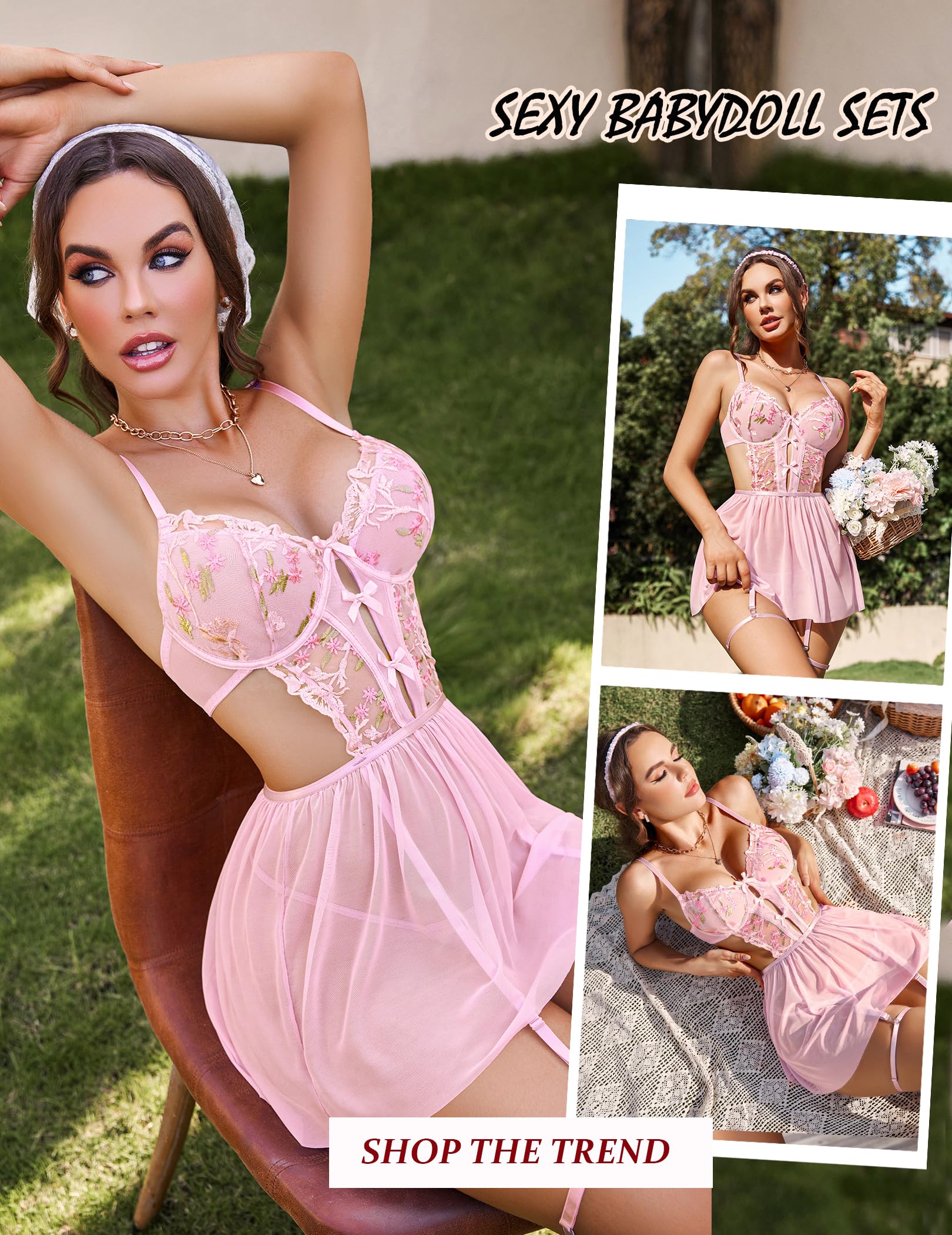 Avidlove Women's Lingerie Lace Babydoll Sleepwear Underwire Chemise Mesh Nightgown Slip Nightdress Pink XL