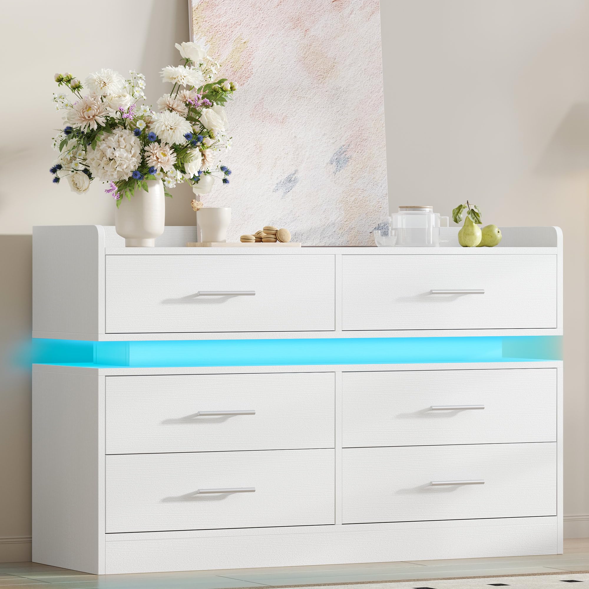 DWVO 6 Drawer Dresser with LED Light, Modern Dresser Chest of Drawers for Closet, Wide Drawer Organizer Cabinet with Top Storage Shelf, White