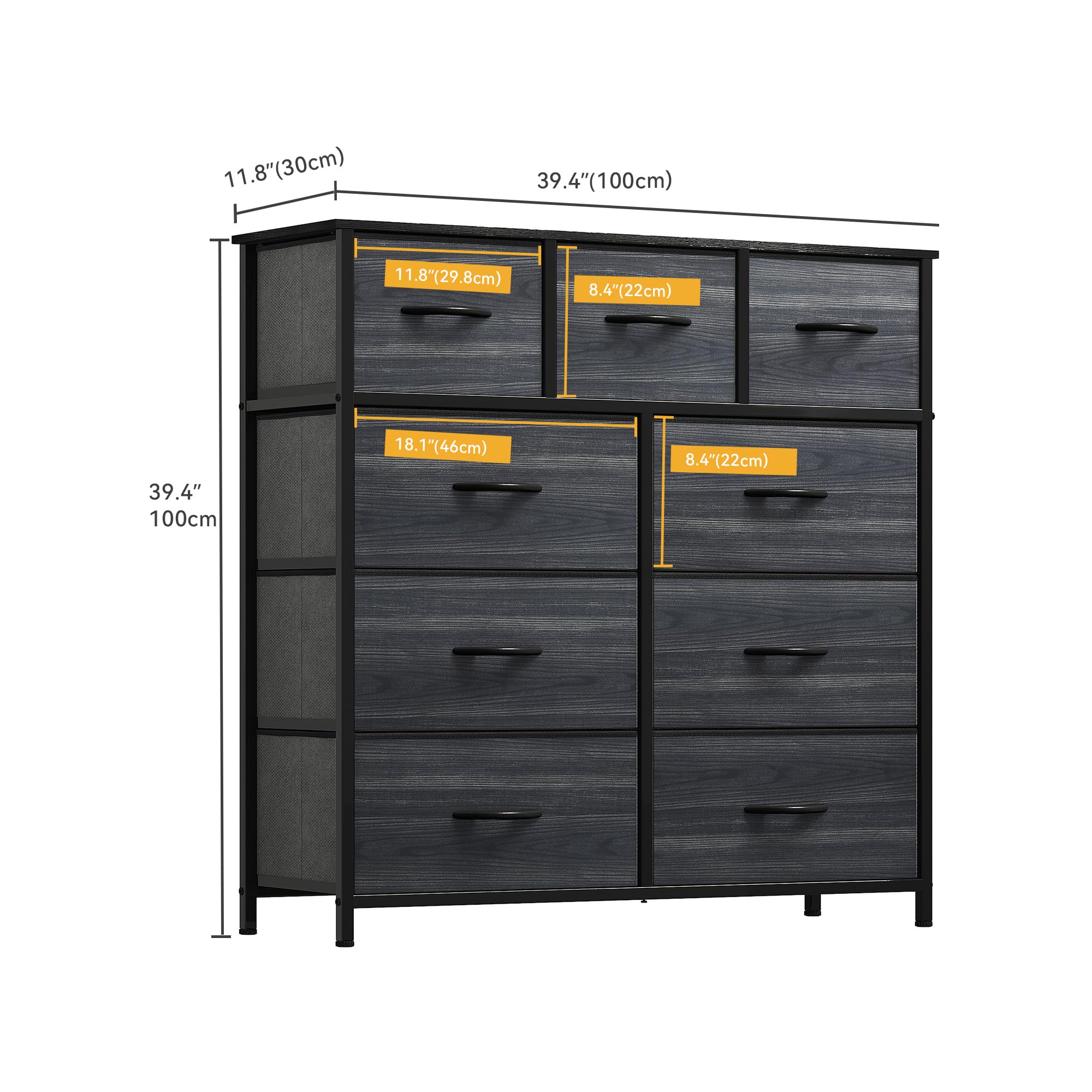 DWVO Dresser with 9 Drawers - Fabric Storage Tower, Organizer Unit for Living Room, Hallway, Closets - Sturdy Steel Frame, Wooden Top & Easy Pull Fabric Bins (Charcoal Black)