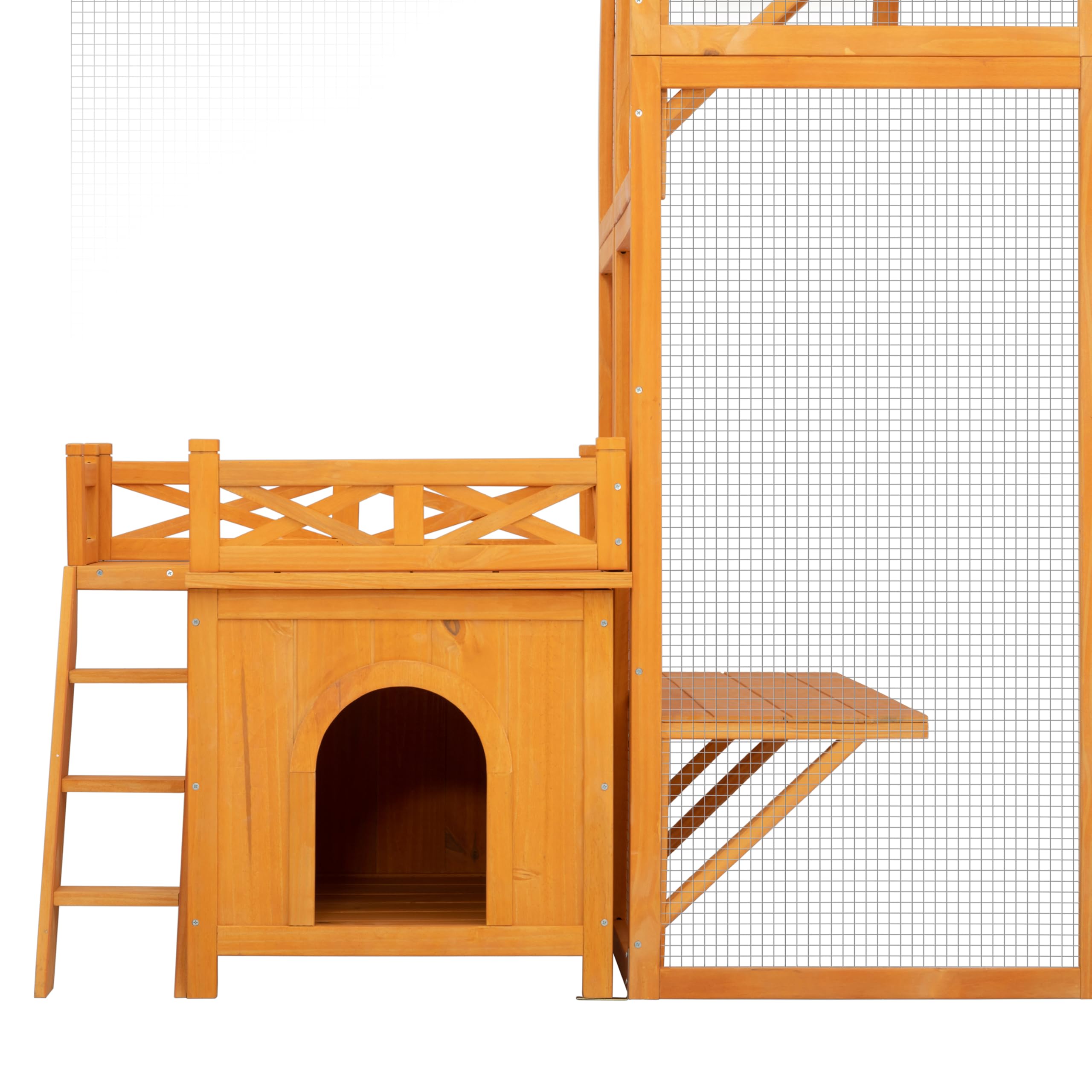 118" Large Wooden Window Catio Outdoor Cat Enclosure Walk in Cat Cage Kitten Playpen Patio with Weatherproof Roof, 2 Resting Houses,2 Bouncy Bridges and 6 Platforms Natural Wood