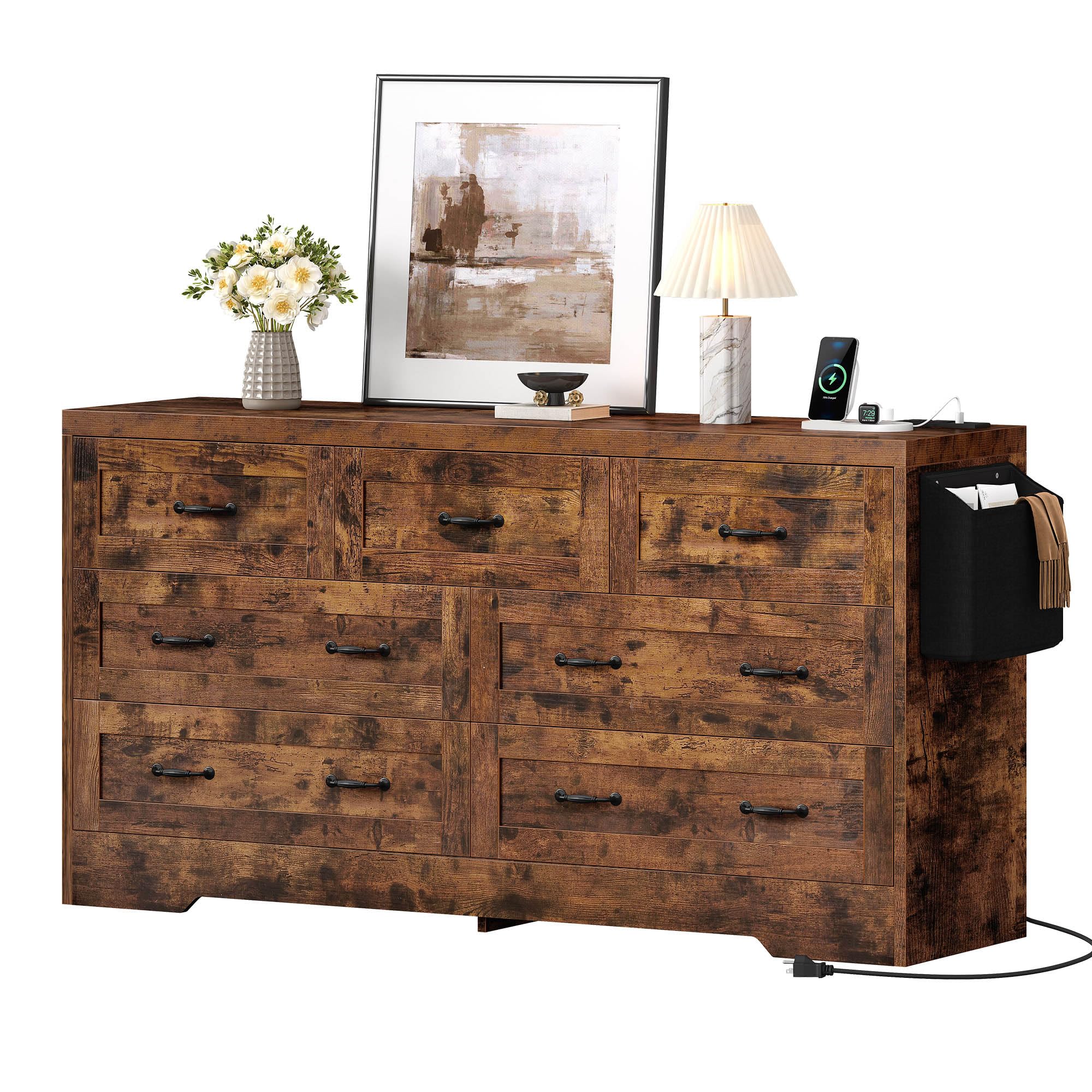 DWVO 7 Drawer Dresser for Bedroom, 60 Inch Large Modern Dresser TV Stand with Drawers & Bar Handles, Storage Dressers with Power Outlets, Rustic Wood Chest of Drawers, Farmhouse,Upgraged Rustic Brown