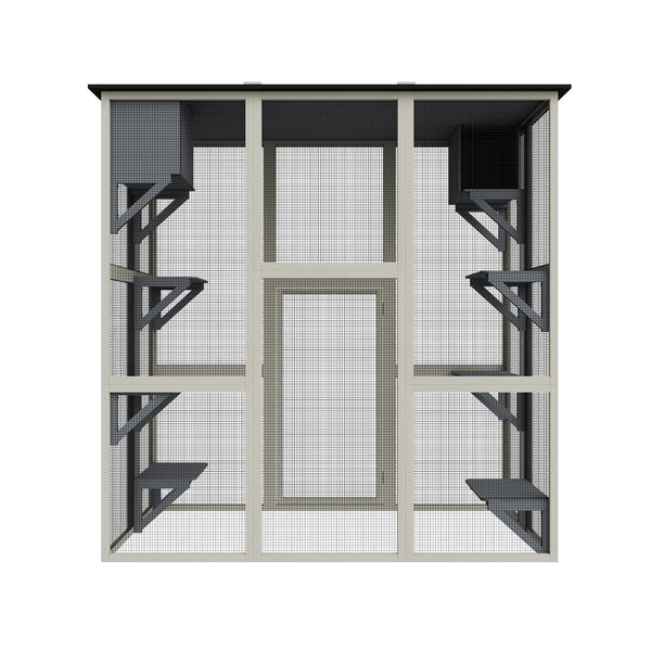 Catio Outdoor Cat Enclosure, Large Walk in Cat Cage, Wood Cat House for Cats with Six Platforms, Large Door, Waterproof Roof