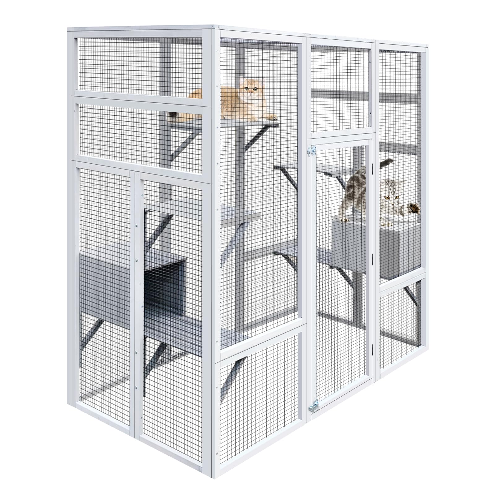 70'' Catio Outdoor Cat House, Cat Enclosure for Mulitiple Cats Large Walk in Cat Cage with Waterproof Cover, Feral Cat Shelter with 7 Platforms and 2 Resting Box Gray