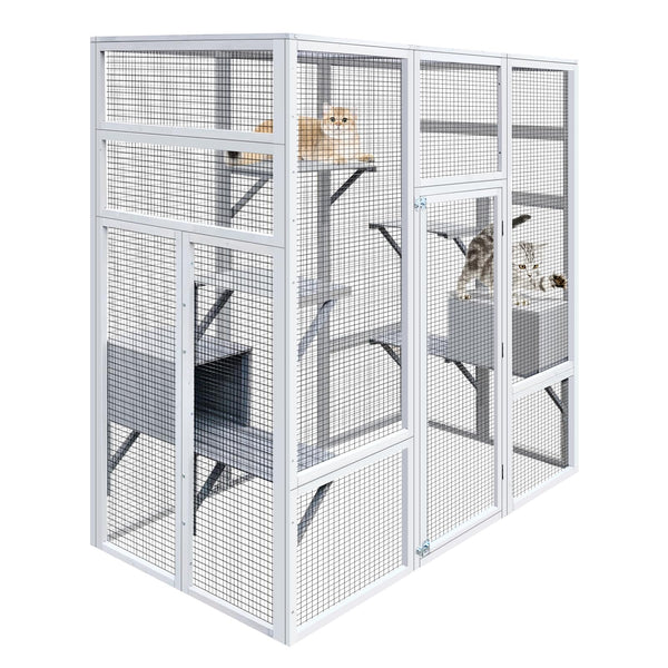 70'' Catio Outdoor Cat House, Cat Enclosure for Mulitiple Cats Large Walk in Cat Cage with Waterproof Cover, Feral Cat Shelter with 7 Platforms and 2 Resting Box Gray