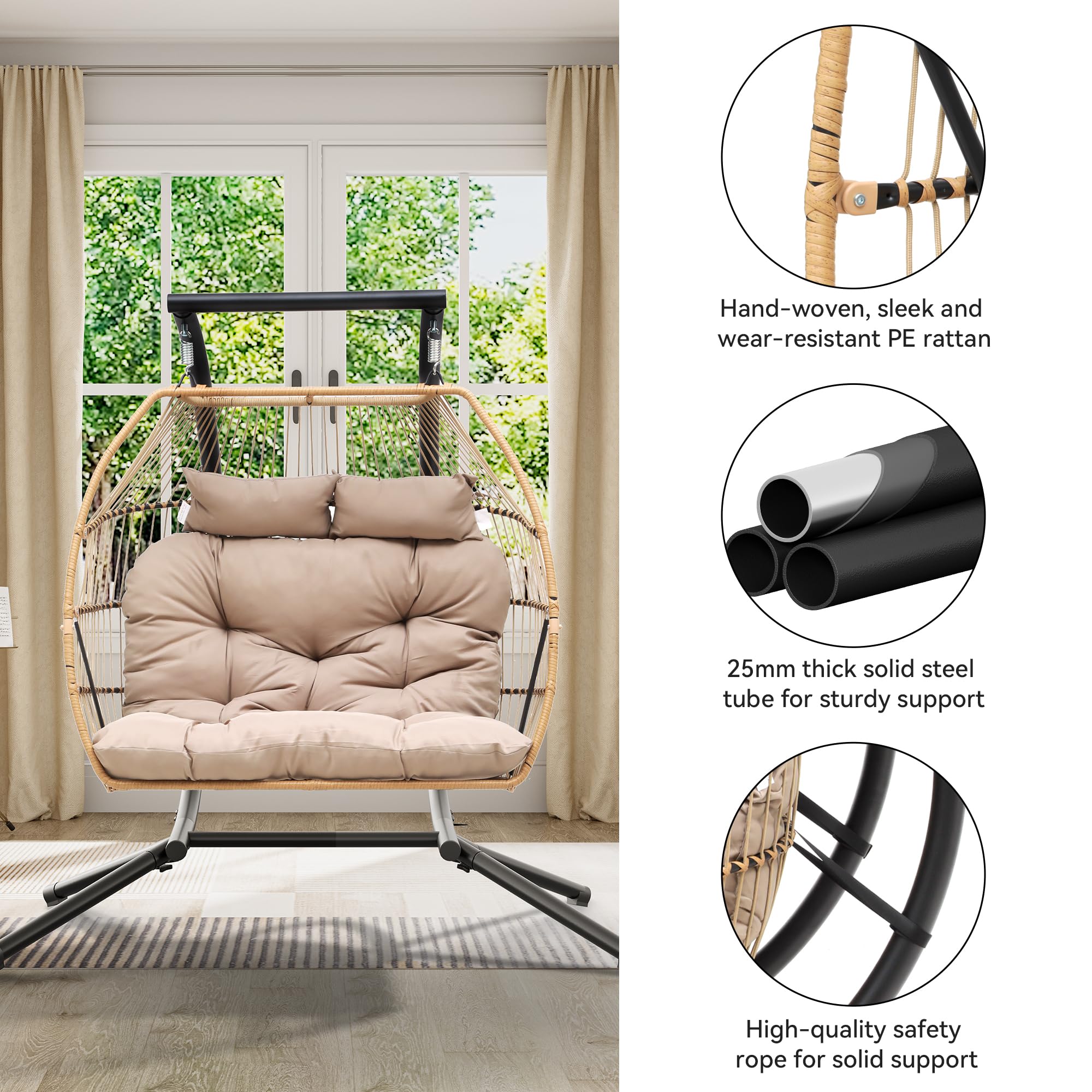 YITAHOME 2 Person Hanging Egg Swing Chair with Stand Egg Chair Wicker Indoor Outdoor Hammock with Cushions 550lbs for Patio, Bedroom, Garden and Balcony, Khaki(Stand Included)