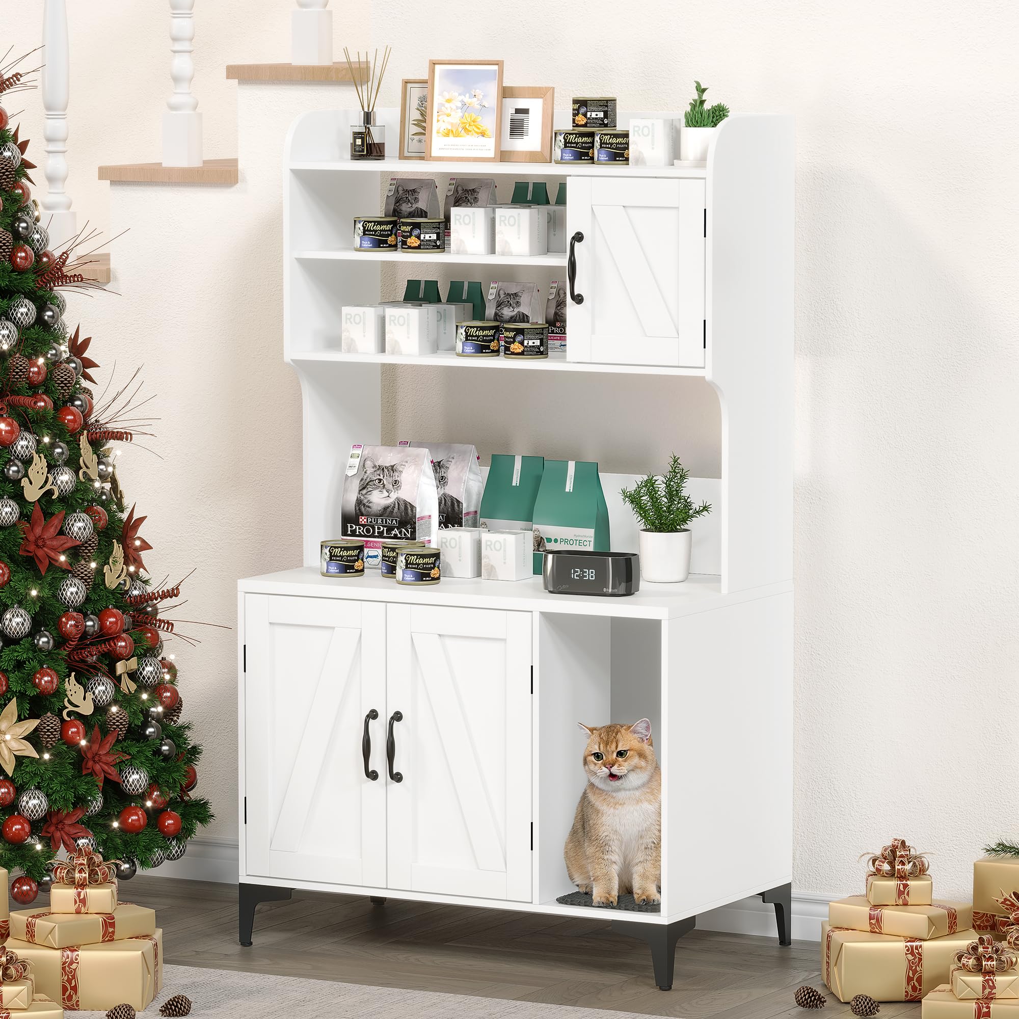 GarveeLife Litter Box Enclosure with Shelves, Cabinet, Hidden Cat Box Furniture, Scratching Mat, Wood Sturdy Washroom Storage, Indoor House, White