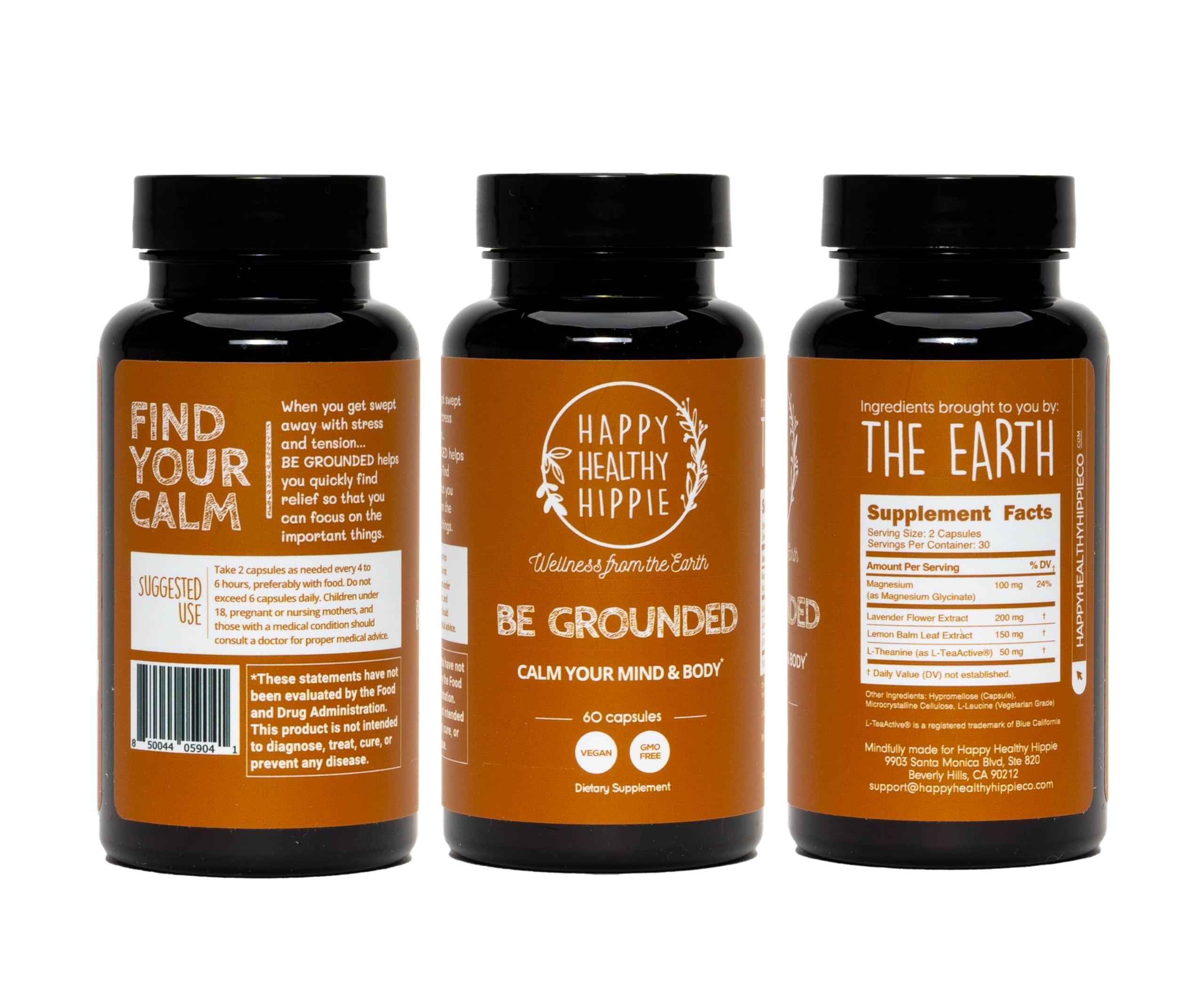 Happy Healthy Hippie Be Grounded Stress Relief Supplement – Lavender Pills | Promotes Calmness & Relaxation | Quick Acting | Magnesium Glycinate 100mg, L Theanine, Lemon Balm Leaf, | Herbal, 60 Ct
