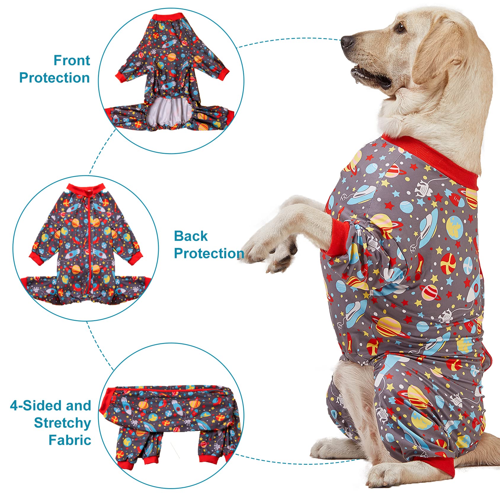 LovinPet Large Dog Pajamas: Large Breed Pitbull/Boxer/Labrador/Doberman, Lightweight Onesie,Space-Travel Grey Print,Post Surgery Shirt,UV Protection,Pet Anxiety Relief,Wound Care BOR Big Dog/Medium