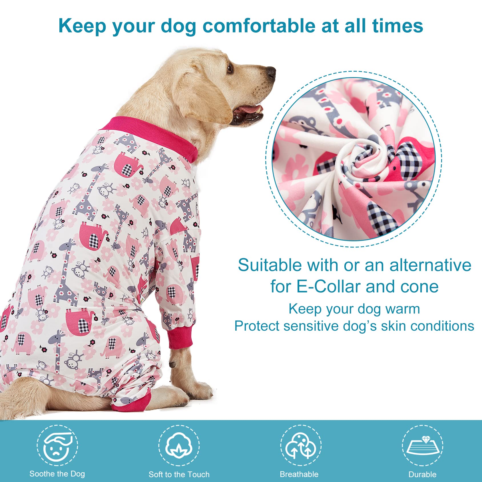 LovinPet Doberman type Dog Onesies, Pet Anxiety Relief, Anti Licking, Post surgery recovery clothe, Lightweight stretch fabric, Jungle Dreams Fuchsia Print, Large Dog Jammies,Large Breed Pet Pj's /3XL