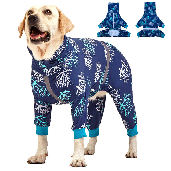 LovinPet Boxer Dogs Onesie Pajamas - UV Protection&Wound Care, Anxiety Relief, Lightweight Stretchy Fabric, Reflective Stripe, Coral Tree Print, Post Surgery Clothes, Pet PJ's /2XL