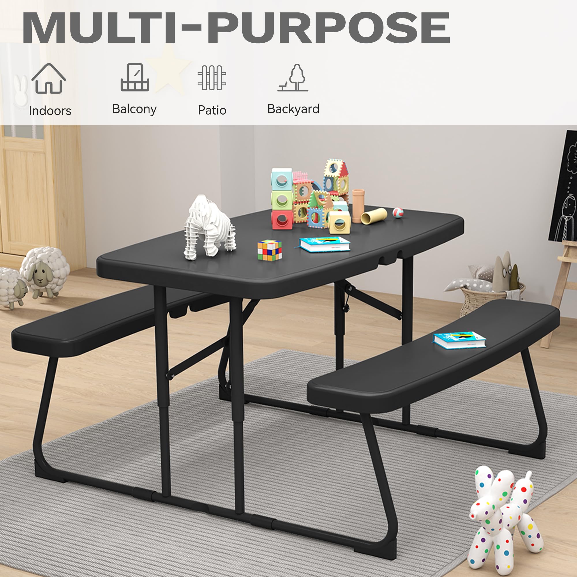DWVO 37" Picnic Table, Folding Picnic Tables for Outdoors with Weather Resistant Resin Tabletop & Stable Steel Frame for Yard Patio Lawn Party, Black
