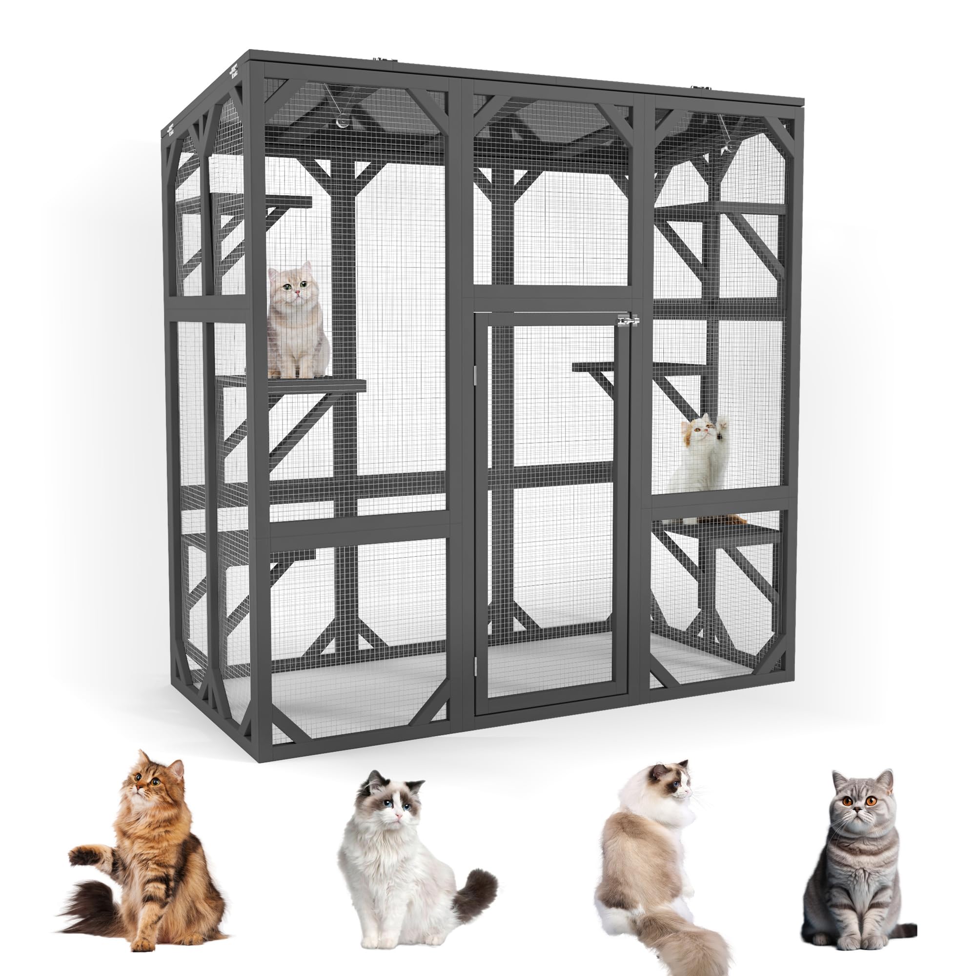 60'' Catio Outdoor Cat Enclosure Large Cat House for Mulitiple Cats Walk in Kitty Cage with Waterproof Roof, 6 Jumping Platform, Wooden Walk-in Cats Shelter, Grey