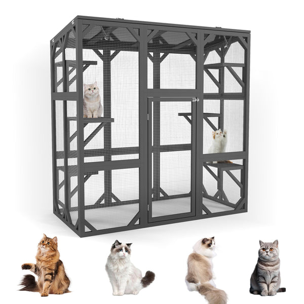 60'' Catio Outdoor Cat Enclosure Large Cat House for Mulitiple Cats Walk in Kitty Cage with Waterproof Roof, 6 Jumping Platform, Wooden Walk-in Cats Shelter, Grey