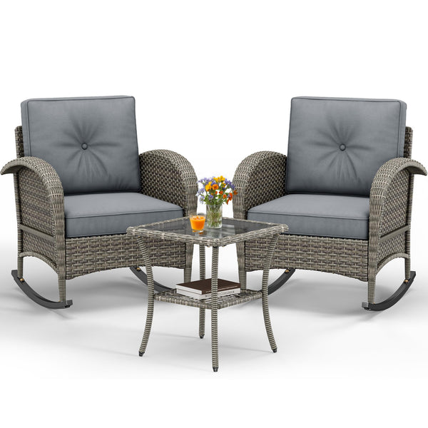 YITAHOME 3-Piece Wicker Rocking Chair Set, Outdoor Patio Furniture Set with Plush Cushions, PE Rattan Bistro Set Including Side Table, Perfect for Garden, Backyard, Porch, and Patio Use, Grey