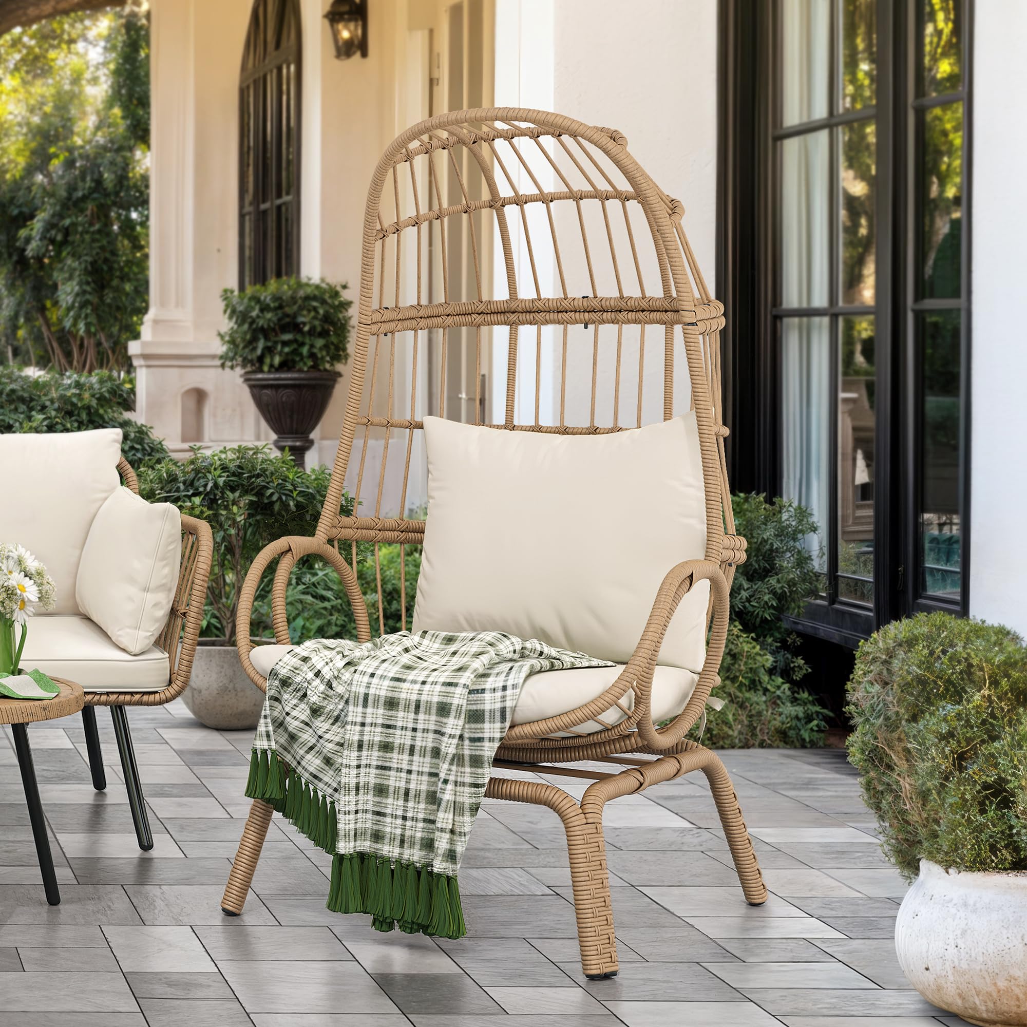 DWVO Swivel Egg Chair Outdoor, 370lbs Capacity Wicker Patio Rotating Basket Chair, All-Weather Small Egg Lounger Chair for Indoor Outside, Beige