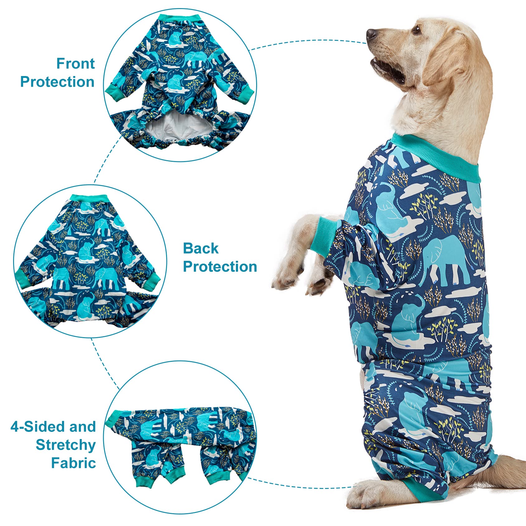 LovinPet Large Dog Clothes, Pet Anxiety Relief, UV Protection, Large Breed Dog Pajamas, Lightweight Stretchy Knit Fabric Onesie, Blue Elephant Print Weimaraner Jammies, Pet PJ's/XXL