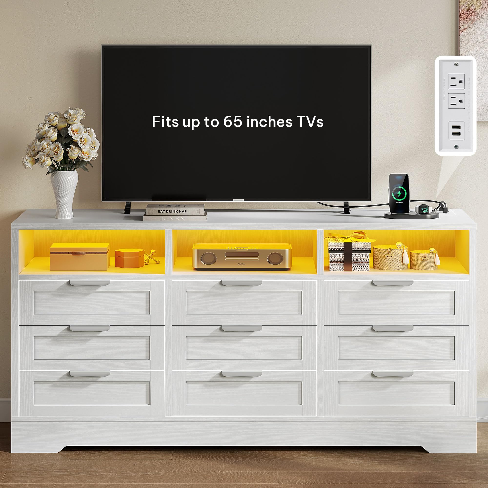 DWVO 9 Drawer Double Dresser with LED Ligh, Modern Chests of Drawers with Power Outlet, High White Storage Dresser with Charging Station-White