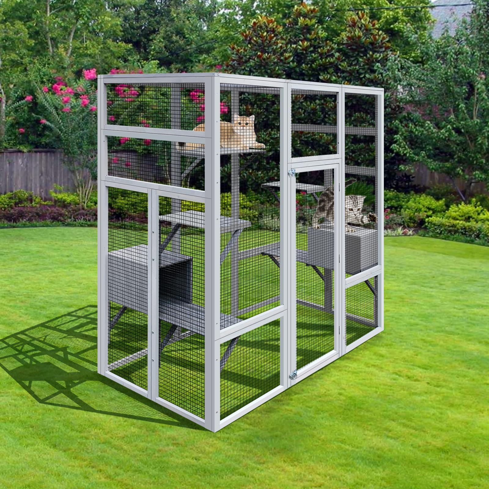 70'' Catio Outdoor Cat House, Cat Enclosure for Mulitiple Cats Large Walk in Cat Cage with Waterproof Cover, Feral Cat Shelter with 7 Platforms and 2 Resting Box Gray