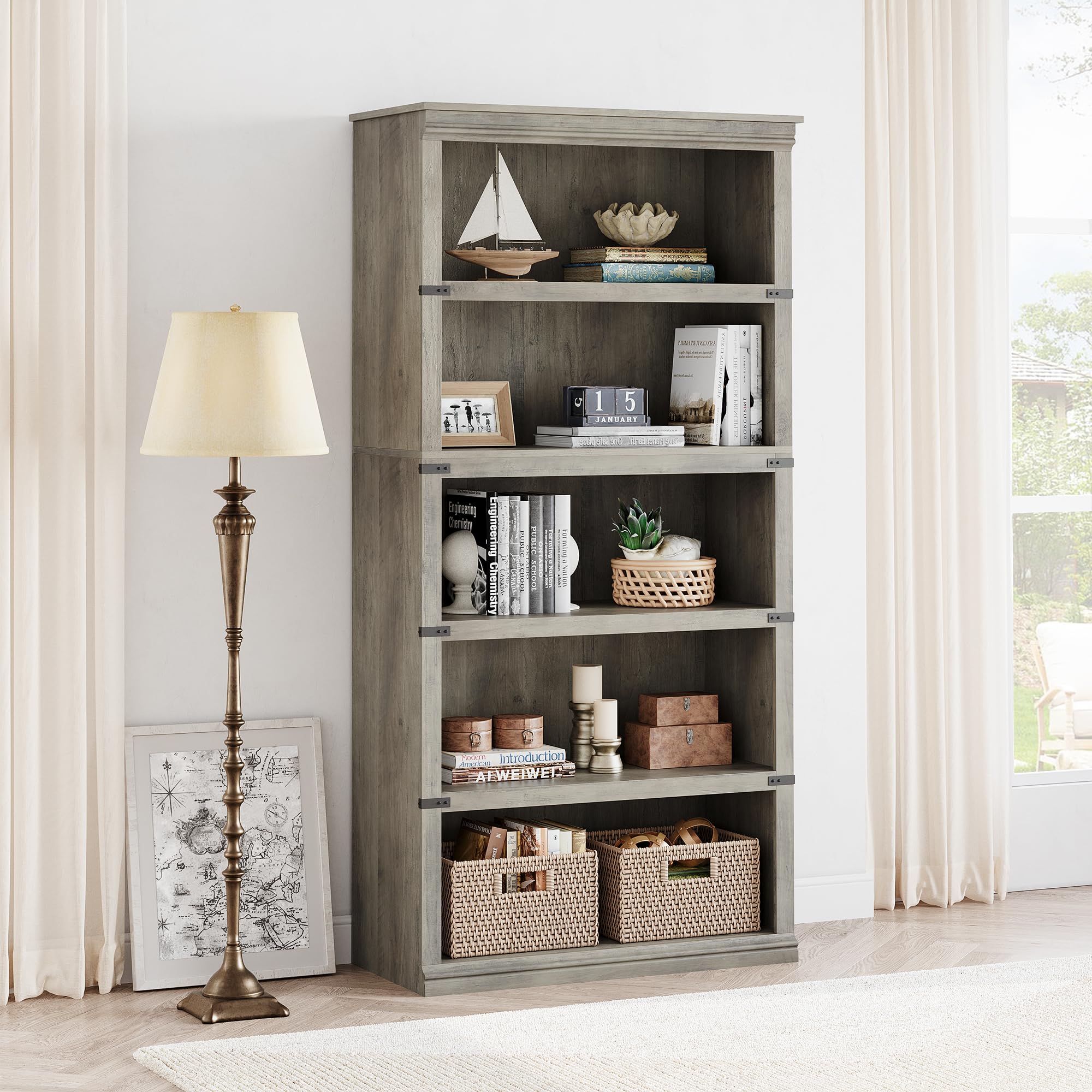 GarveeHome 5 Tier Farmhouse Bookcase, 67.4" Tall Book Shelf with Storage, Wooden Bookshelves 5 Shelf Display Shelvesfor Home Office, Living Room, Bed Room (Grey, 67.4" H x 31.5" W x 12.8" D)