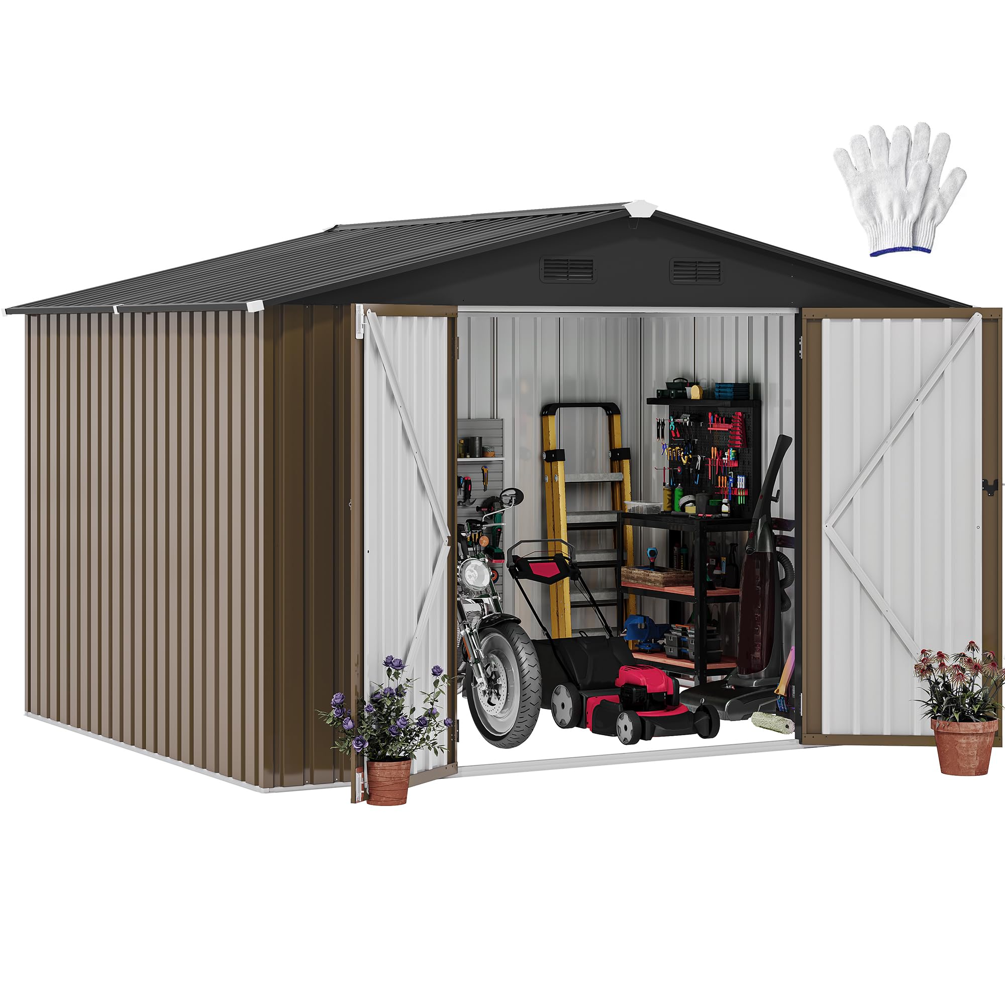 DWVO 10x8FT Outdoor Storage Shed, Spacious Metal Tool Shed with Lockable Doors & Ventilation for Patio, Lawn, and Backyard, Ideal for Storing Garden Equipment, Lawnmowers, and Bicycles, Brown