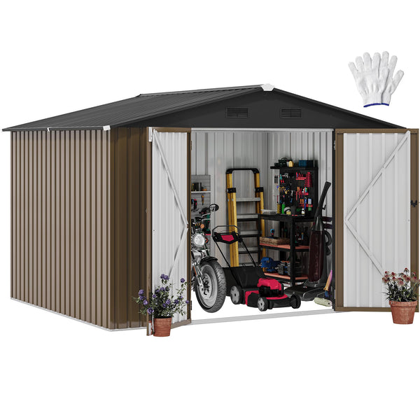 DWVO 10x8FT Outdoor Storage Shed, Spacious Metal Tool Shed with Lockable Doors & Ventilation for Patio, Lawn, and Backyard, Ideal for Storing Garden Equipment, Lawnmowers, and Bicycles, Brown