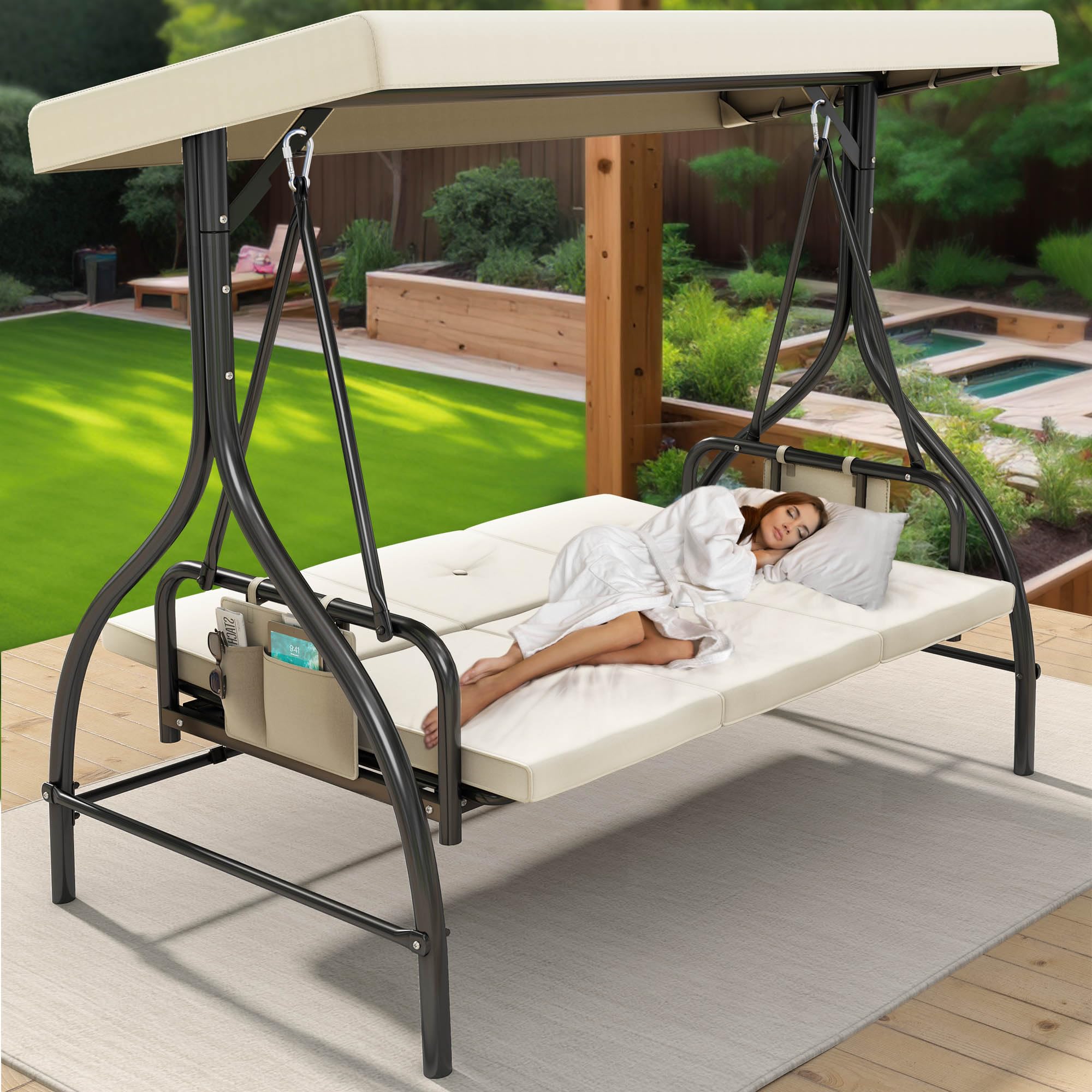 YITAHOME Porch Swing Bed 3-Seats Outdoor Patio Heavy Duty Swing Chair with Adjustable Canopy Removable Cushion, Suitable for Adult in Garden, Poolside, Balcony, Beige