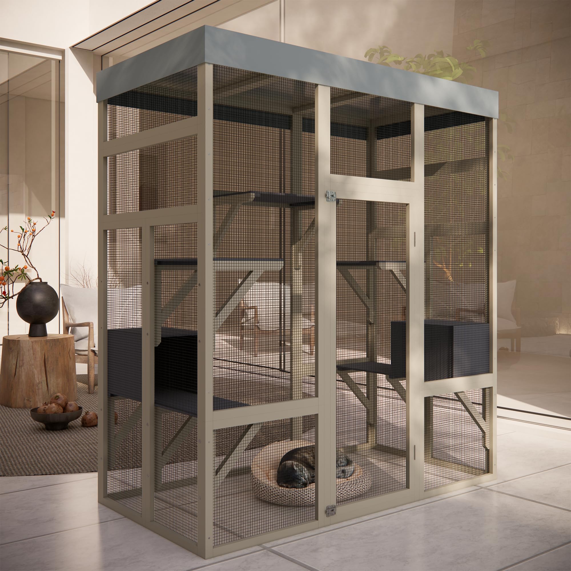 70” Catio Outdoor Cat Enclosure, Large Wood Cats House, Catio Window Cat Enclosure, Jumping Platform & 2 Napping Resting Box