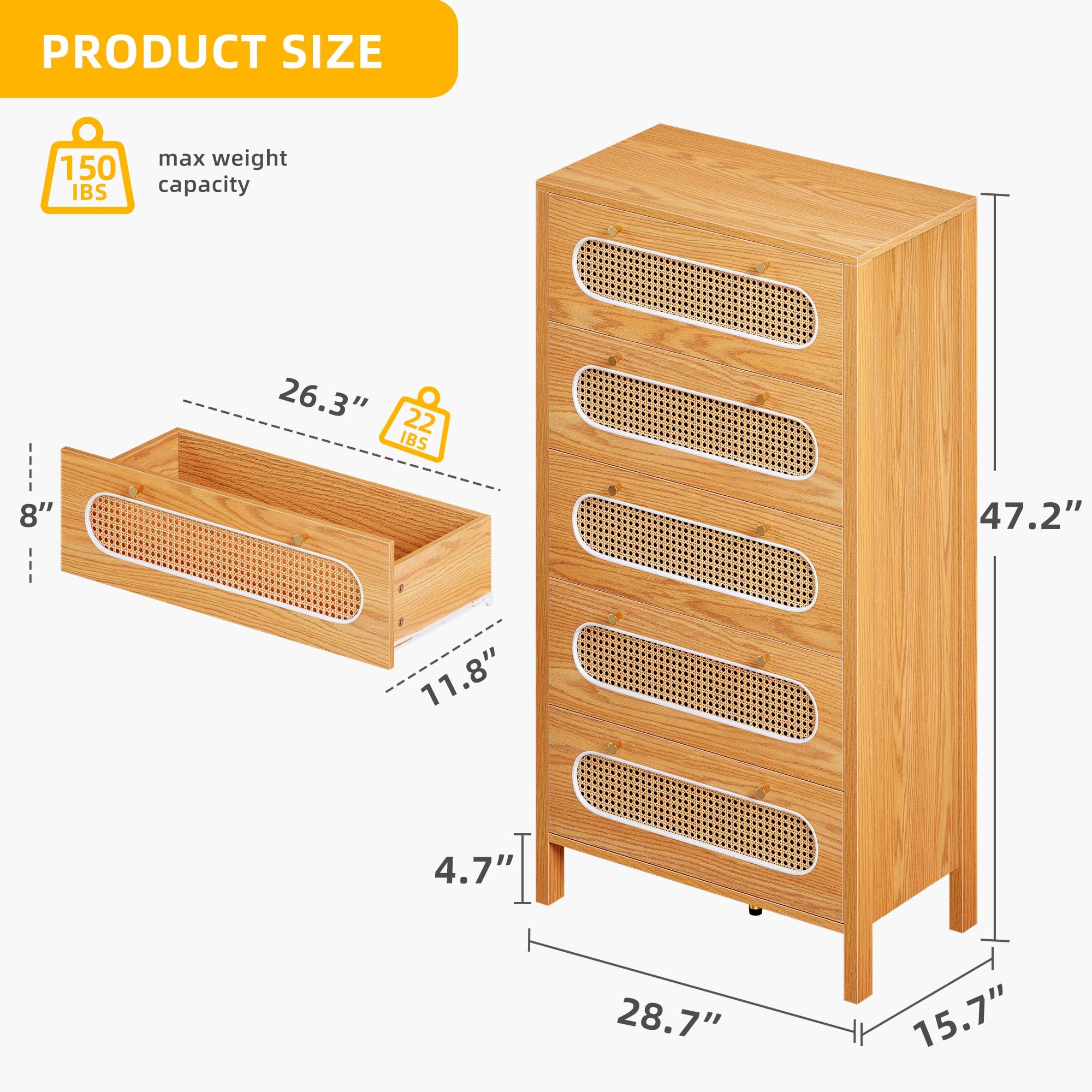DWVO 47" Tall Natural Rattan 5 Drawer Dresser, Boho Dresser Chest of Drawers with Golden Handles, Wood Dresser Storage Cabinet for Hallway, Entryway, Hold up to 300lbs, Oak