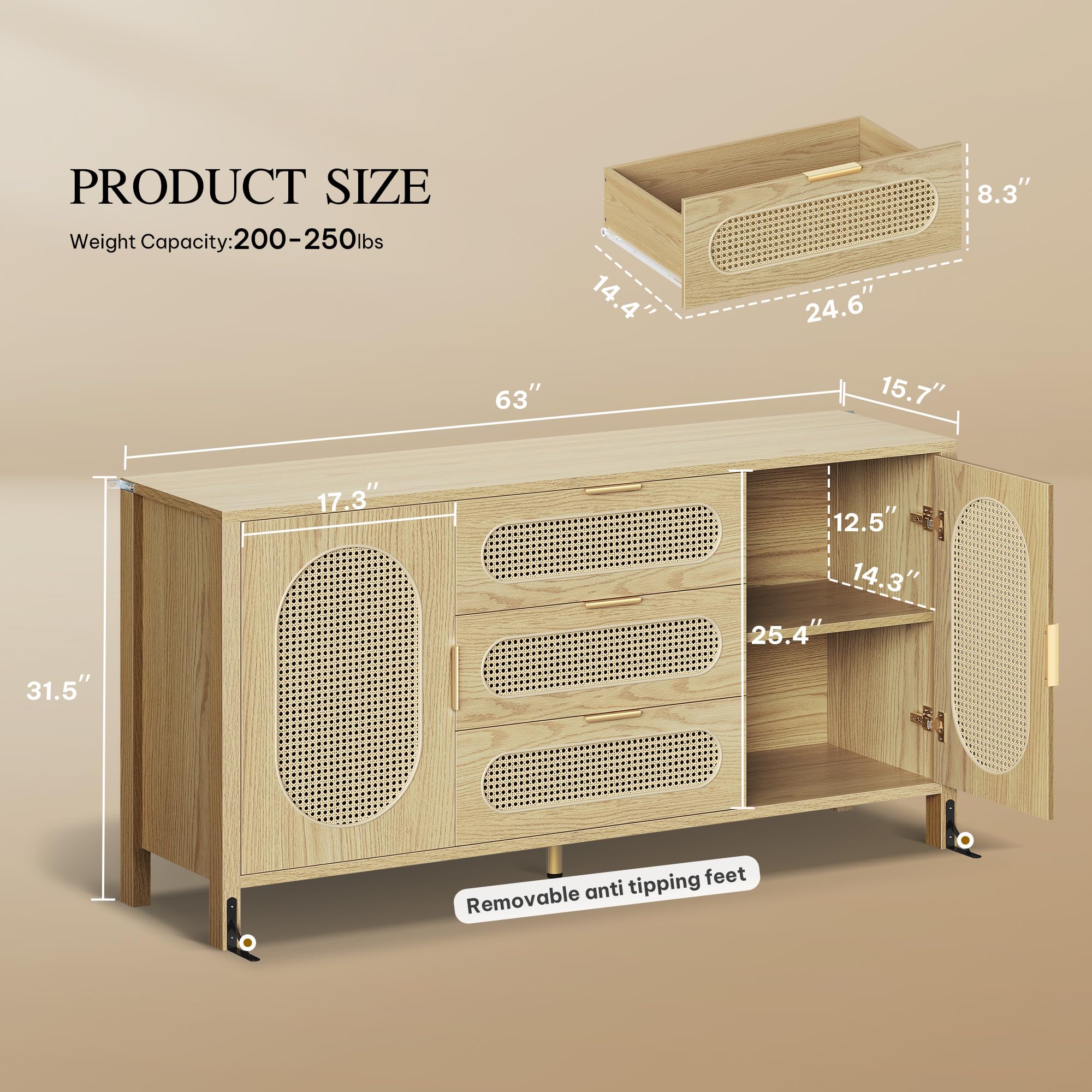 DWVO TV Stand 3 Drawer Dressers Storage Cabinet Natural Rattan Oak Wooden Chest with Golden Handles - Modern Large Closet Boho for Living Room/Hallway/Entryway
