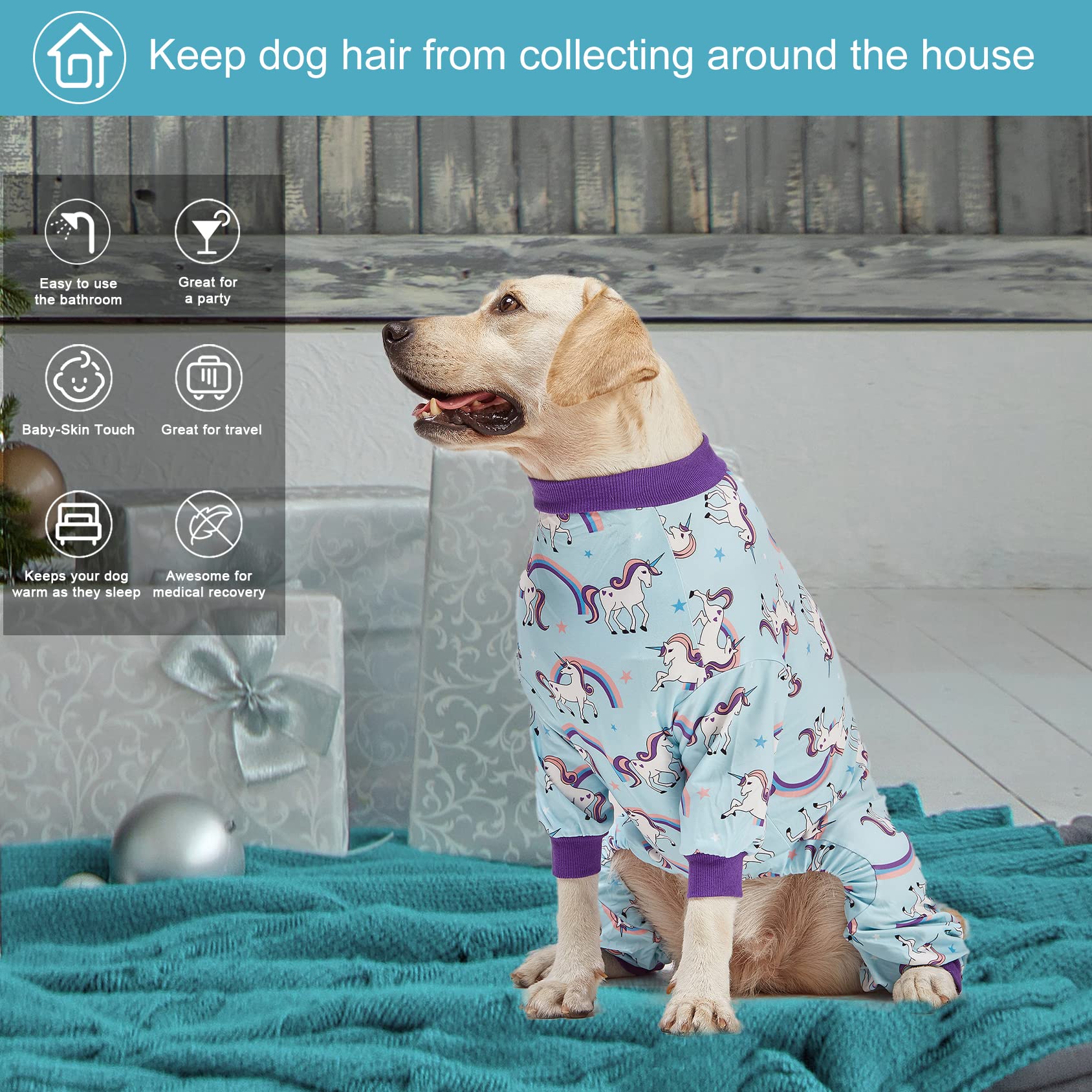 LovinPet Large Dog Pajamas PJS, Wound Care/Post Surgical Recovery Shirt for Big Dogs, Lightweight Stretchy Pullover Dog Onesie, Stop Shedding for Dogs, Magical Unicorn Rainbow Print, Pet PJ's, 2XL