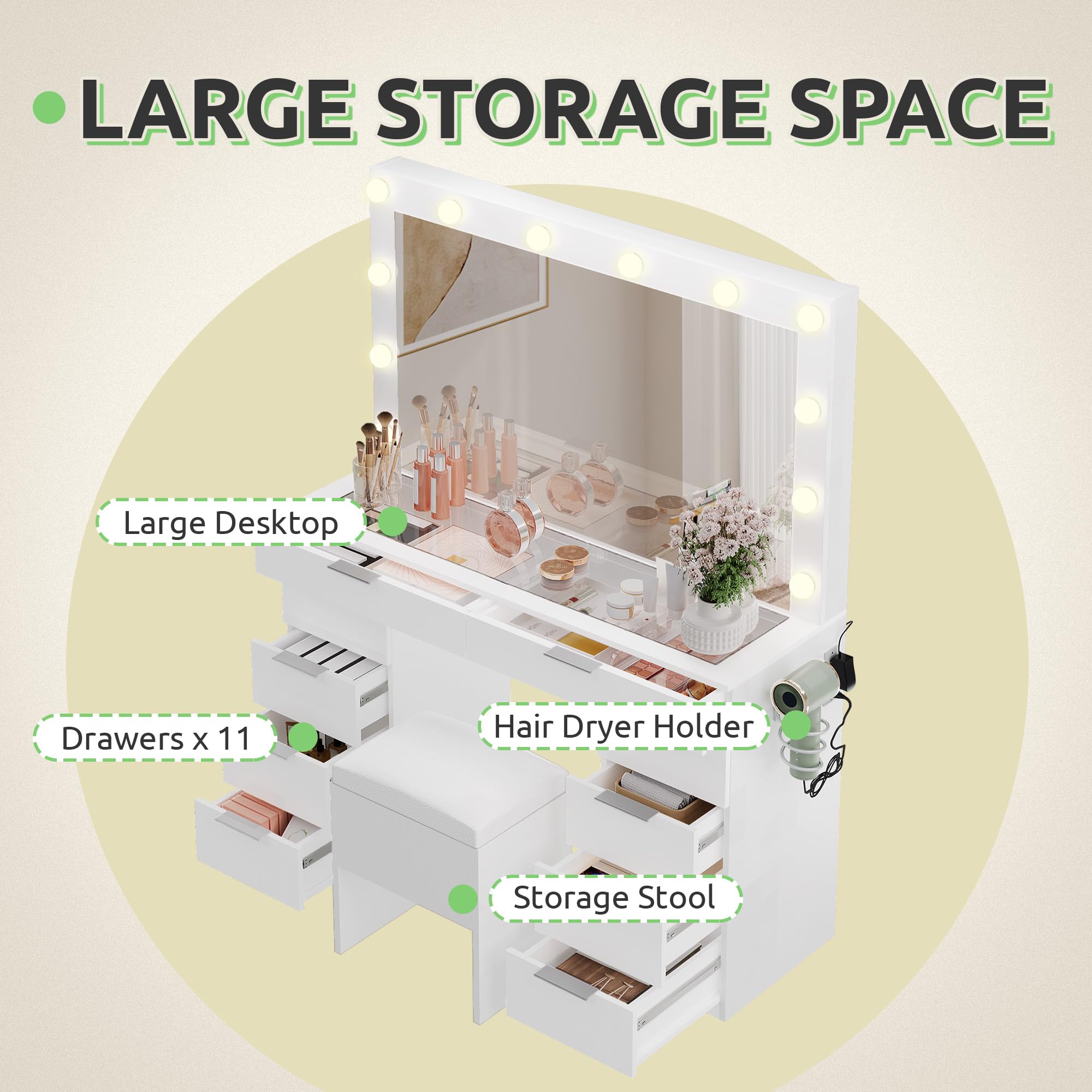 GOOBED 46" Makeup Vanity with Large Mirror & Lights, Glass Top 10-Drawer Vanity Desk Set with Power Outlets & Storage Stool, Dressing Table with 3 Light Modes for Dressing Room, Cream White