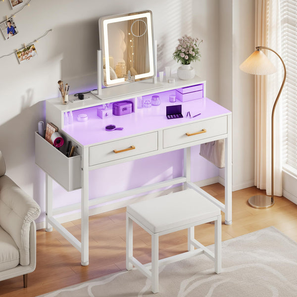 YITAHOME Makeup Vanity Desk with 3-Color Dimmable Lighting Mirror, Vanity Table with 2 Fabric Drawers, Stool, RGB Light Strip & Charging Station, Modern Makeup Desk Set for Home Office, Cream White