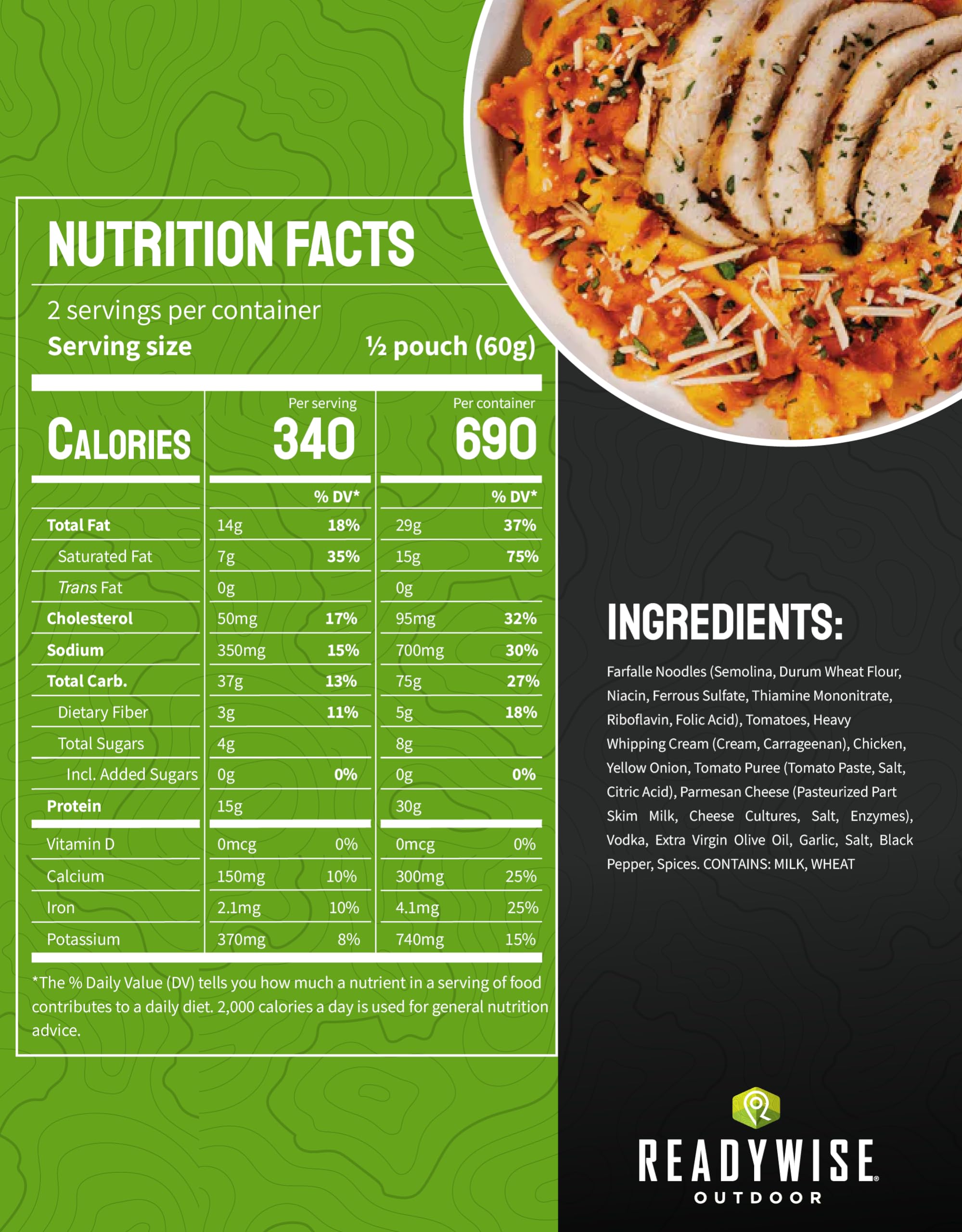 ReadyWise Outdoor Pro Adventure Meal Pasta alla Vodka with Chicken, Premium Freeze-Dried Food for Camping, Hiking, and Backpacking, 690 Calories, 30 Grams of Protein, 2 Servings, 1 Pouch