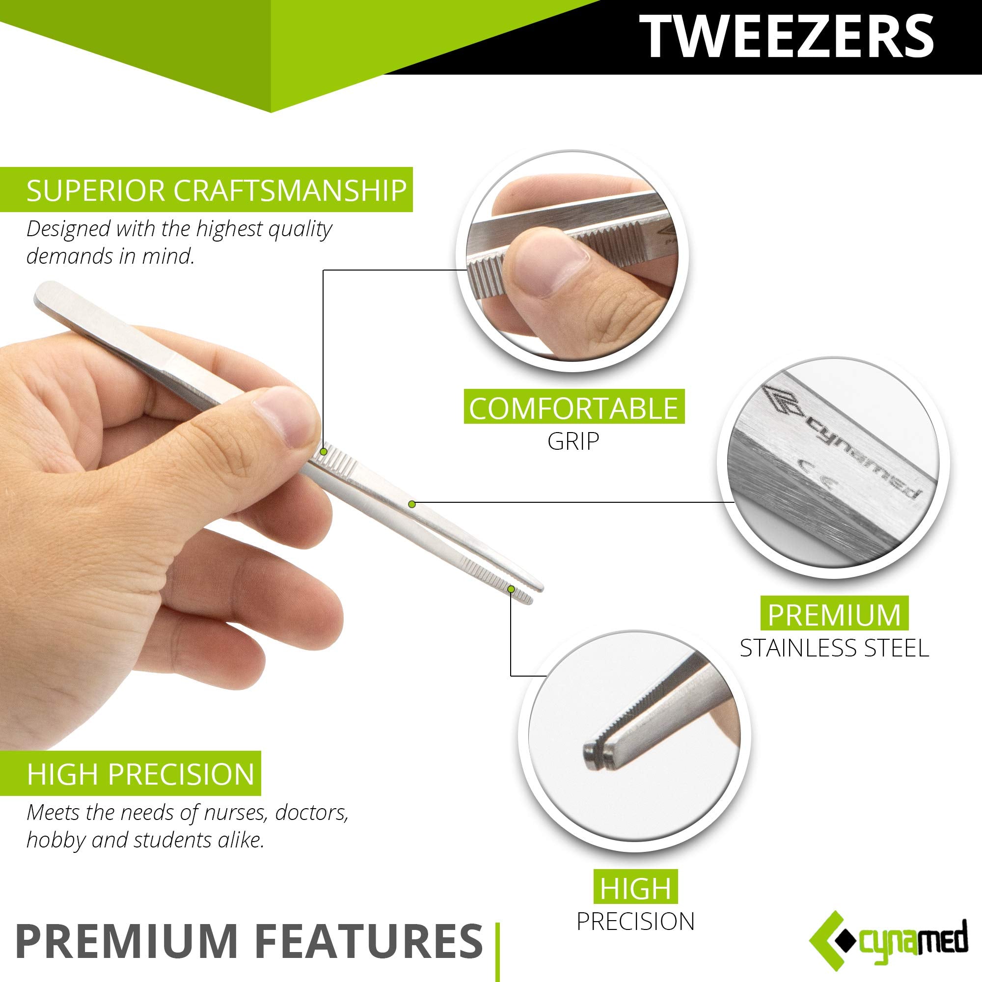 Cynamed Set of 5 Thumb Tweezer Multipurpose Forceps 5-12in. Blunt Serrated Tips Stainless Steel