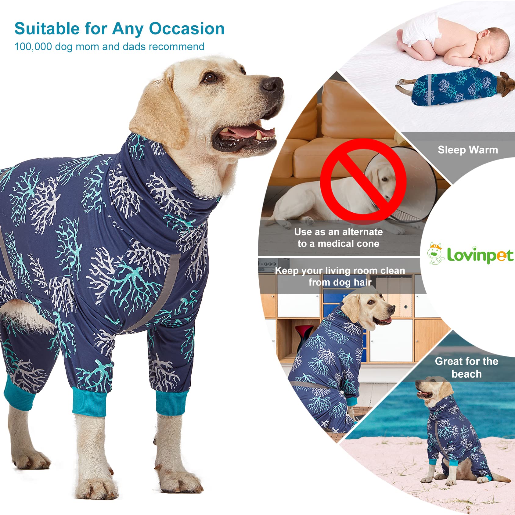 LovinPet Boxer Dogs Onesie Pajamas - UV Protection&Wound Care, Anxiety Relief, Lightweight Stretchy Fabric, Reflective Stripe, Coral Tree Print, Post Surgery Clothes, Pet PJ's /2XL