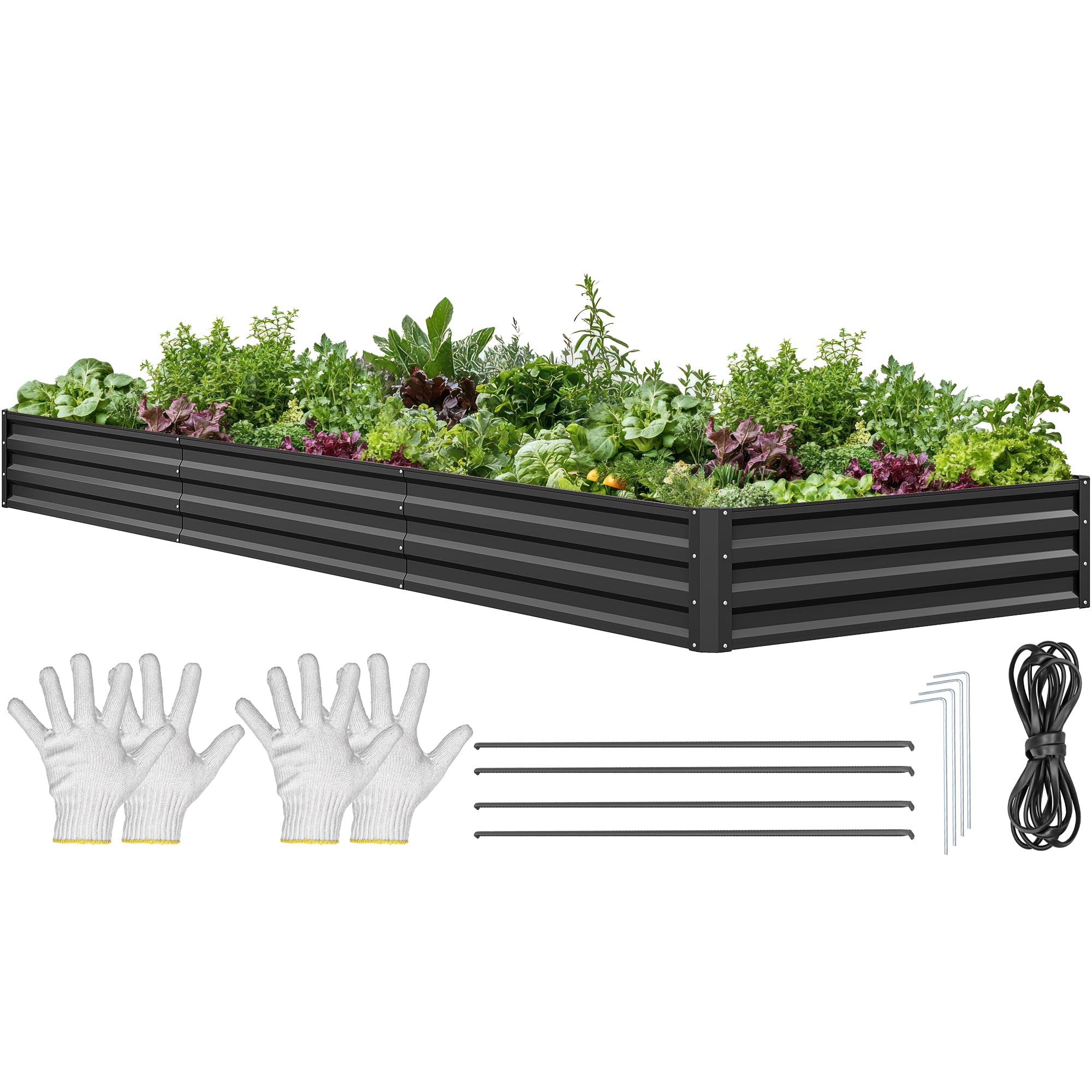 YITAHOME 12x4x1ft Large Raised Garden Bed Kit, Galvanized Metal Planter Box with Gloves, Ground Nails, Support Rod & Safety Rubber, Outdoor Above Ground Planters for Plants Vegetables Flowers, Black