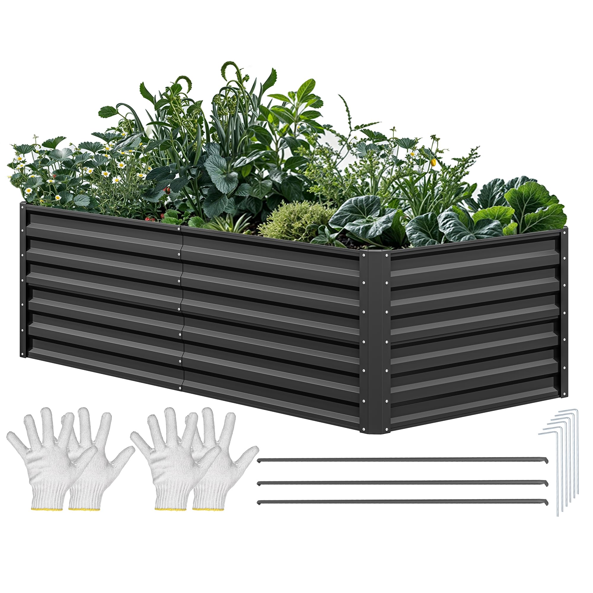 YITAHOME 6x3x2ft Large Raised Garden Bed Kit, Galvanized Metal Planter Box with Gloves, Ground Nails, Support Rod, Outdoor Above Ground Planters for Plants Vegetables Flowers, Black