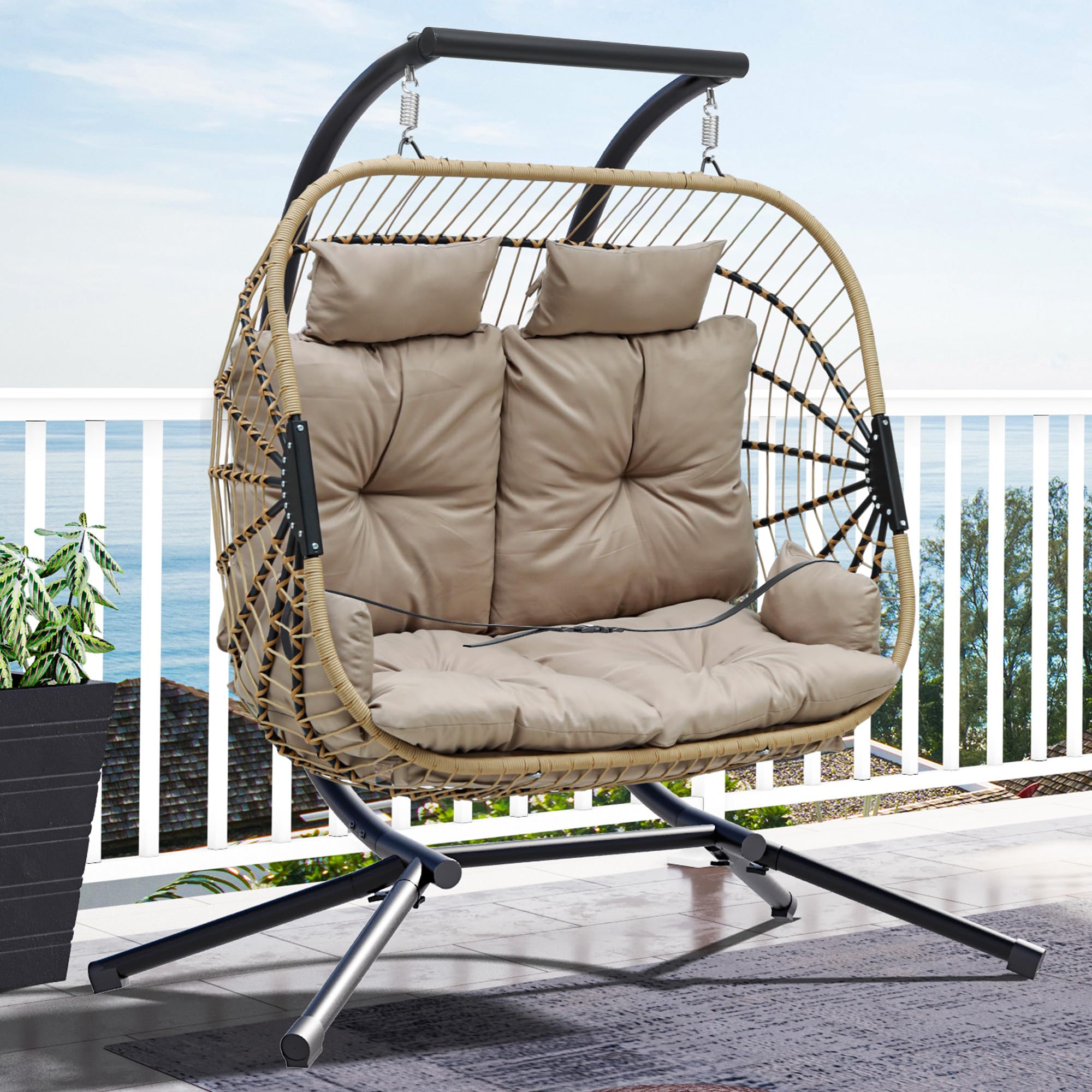 YITAHOME Hanging Egg Swing Chair with Stand Egg Chair Wicker Indoor Outdoor Hammock Egg Chair with Cushions 550lbs for Patio, Bedroom, Garden and Balcony