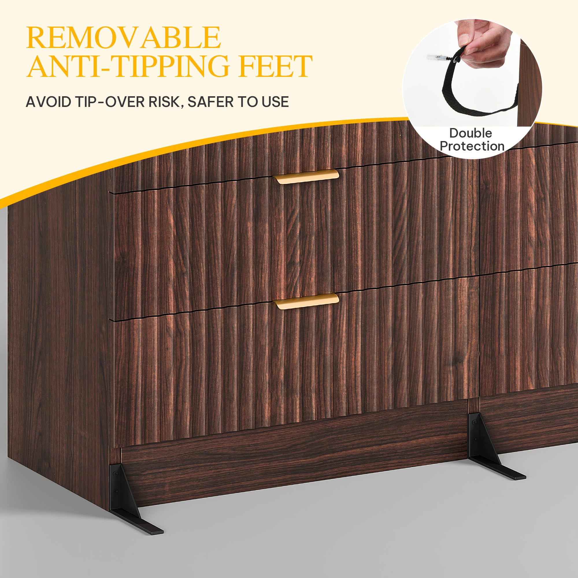DWVO Fluted 6 Drawer Dressers, 47.5" Wide Modern Chest of Drawers, Wooden Dresser with Metal Handle, Versatile TV Stand Cabinet Table for Bedroom, Closet, Living Room, Hallway, Walnut