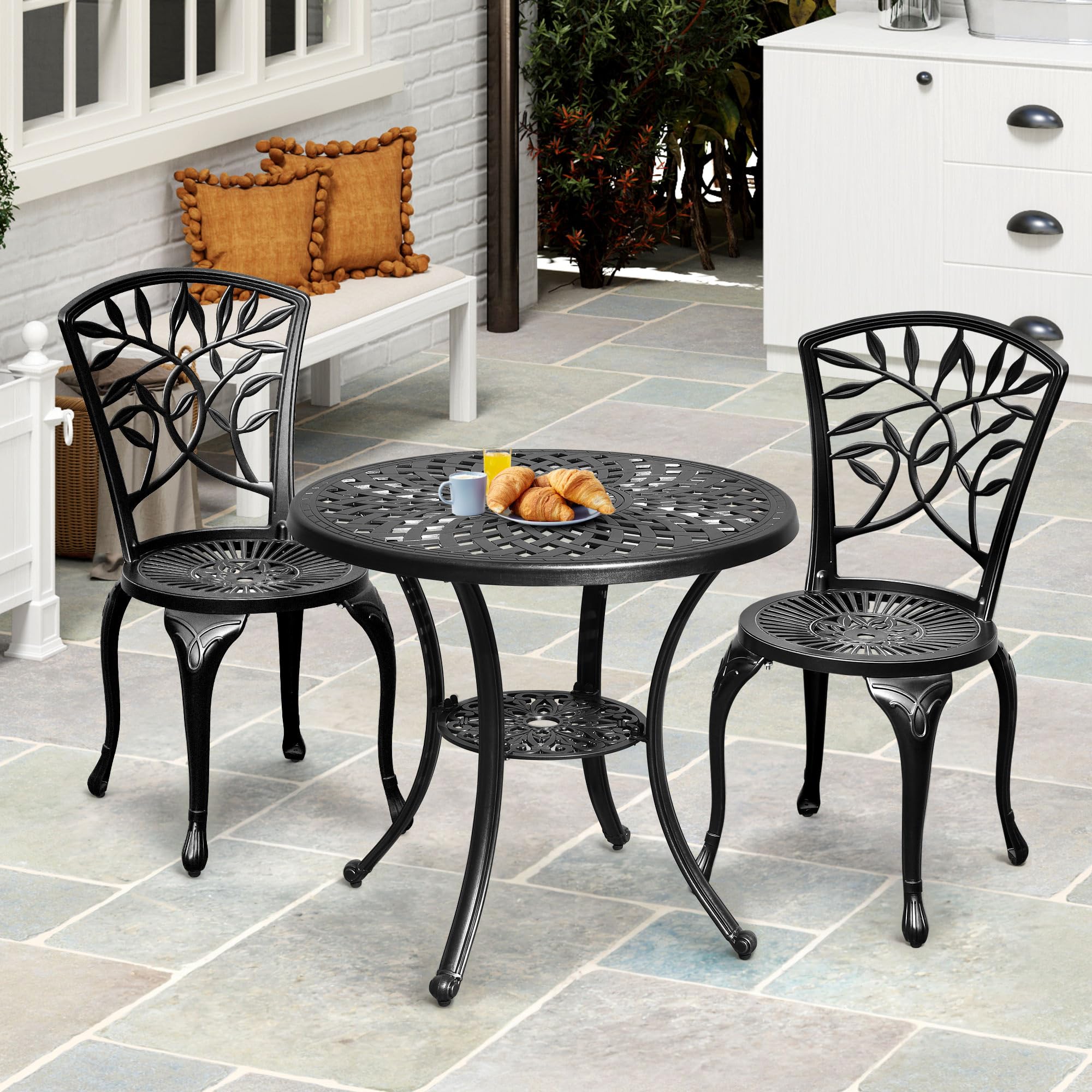 DWVO 5 Piece Outdoor Cast Aluminum Patio Dining Sets with 2 Chairs, 30 Inches Round Table with Umbrella Hole, All-Weather Patio Conversation Sets with Adjustable Feet for Balcony Backyard Garden