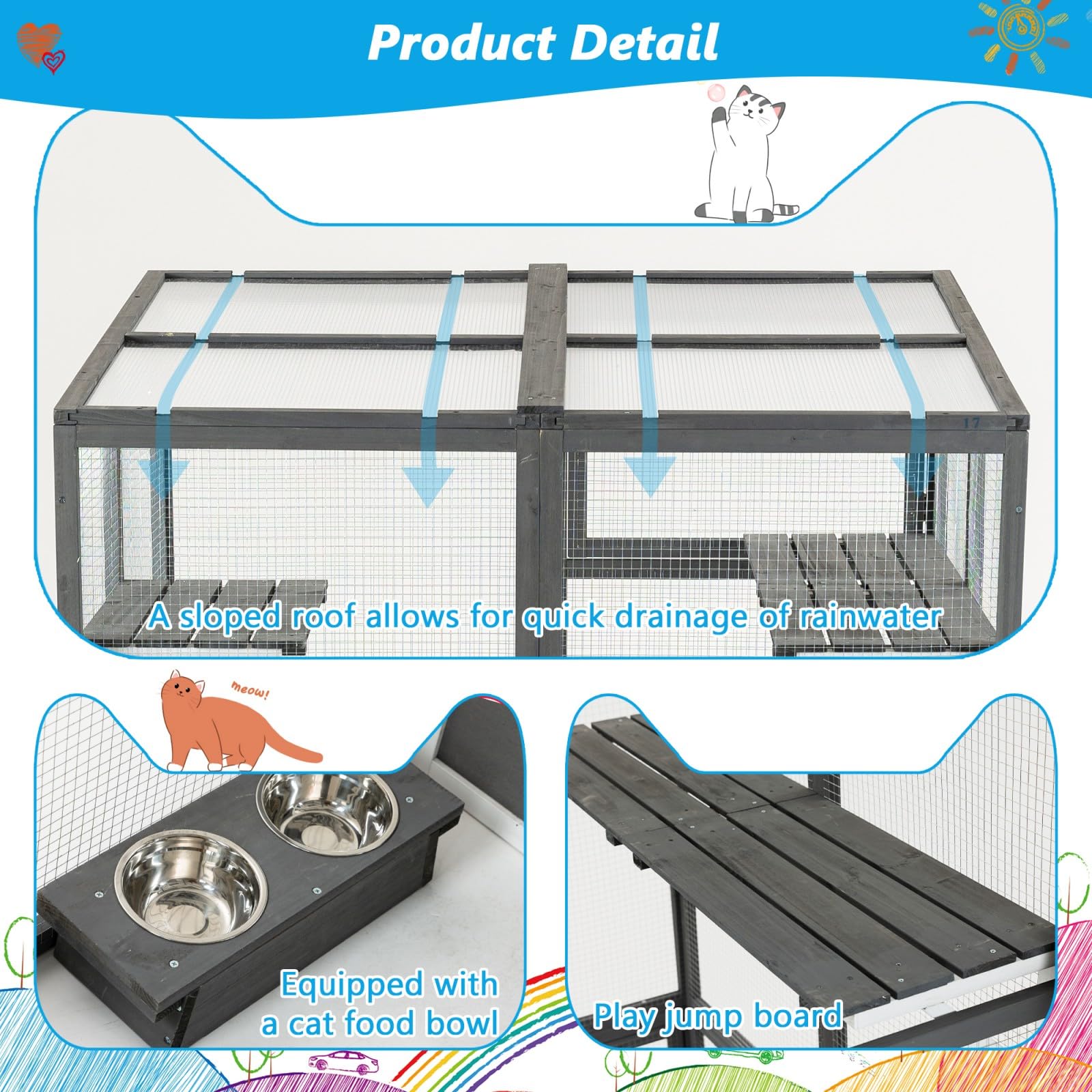 Wooden Window Catio Outdoor Cat Enclosure, Large Feral Cat Shelter for Mulitiple Cats, Walk In Cage With 7 Removable Napping Houses, Outside Cats Patio Enclosure Weatherproof Roof Gray