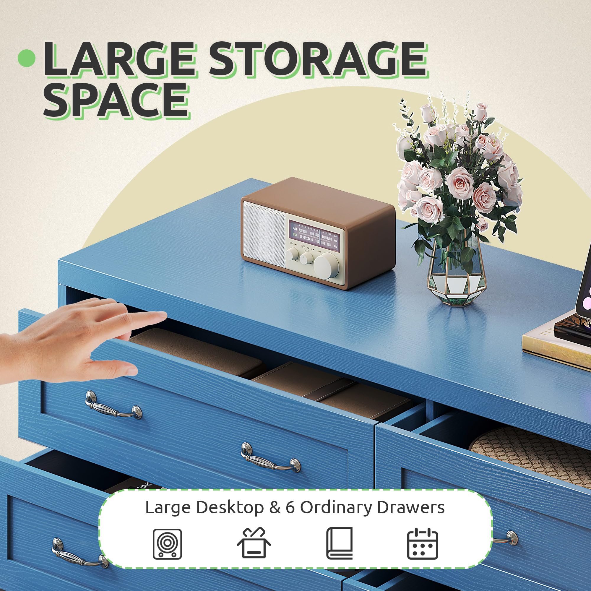 GOOBED Farmhouse 6 Drawer Dresser for Bedroom, TV Stand with Large Drawers & Bar Handles, Storage with Power Outlets, Rustic Wood Chest of Drawers, Blue