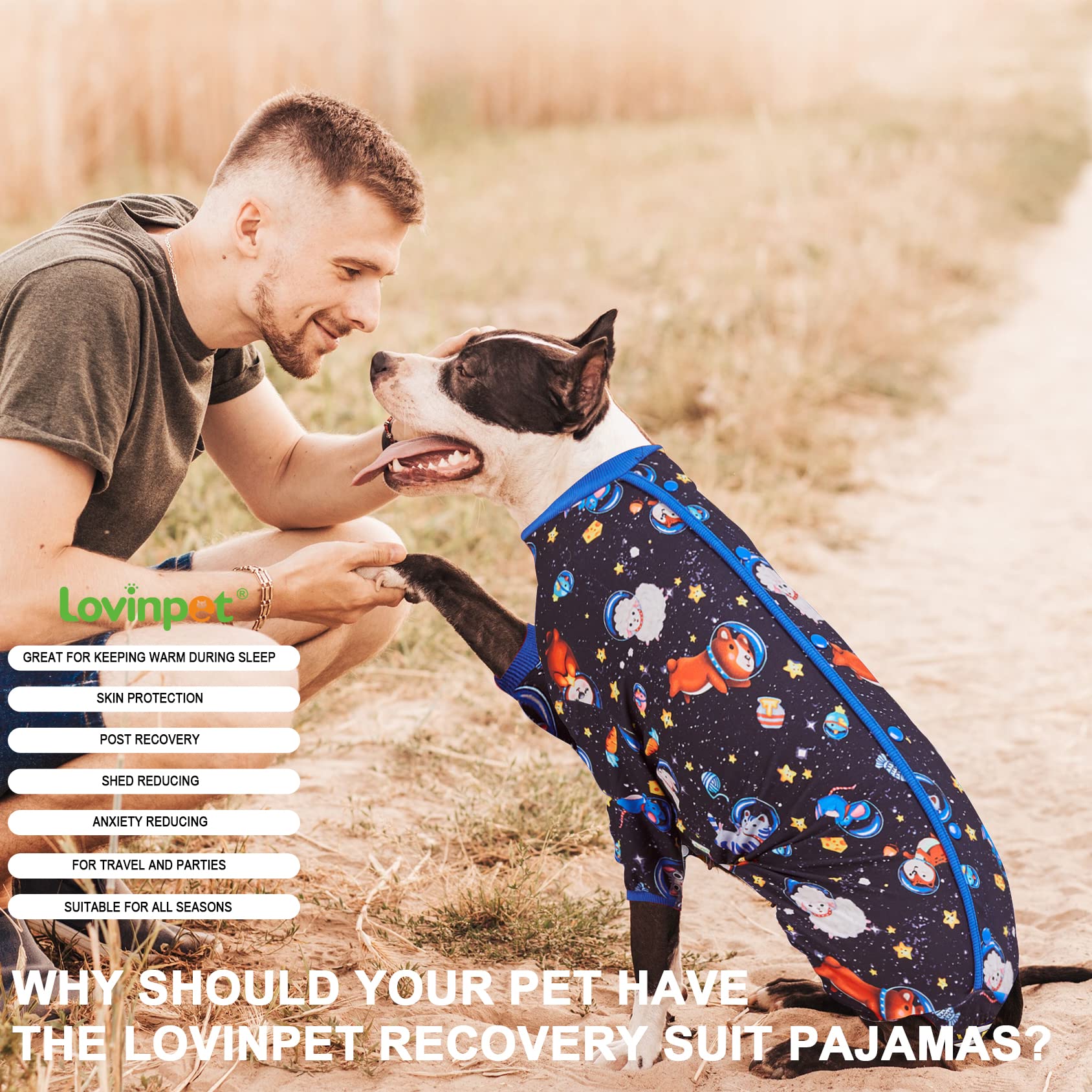 LovinPet Large Big Dog Pajamas - Anxiety Calming Dog Onesie, Pet Pajamas for Dogs, Lightweight Stretchy 4 Legged Style Large Dog Jammies, Space Animals Black Print, Pet Pjs,Black 3XL